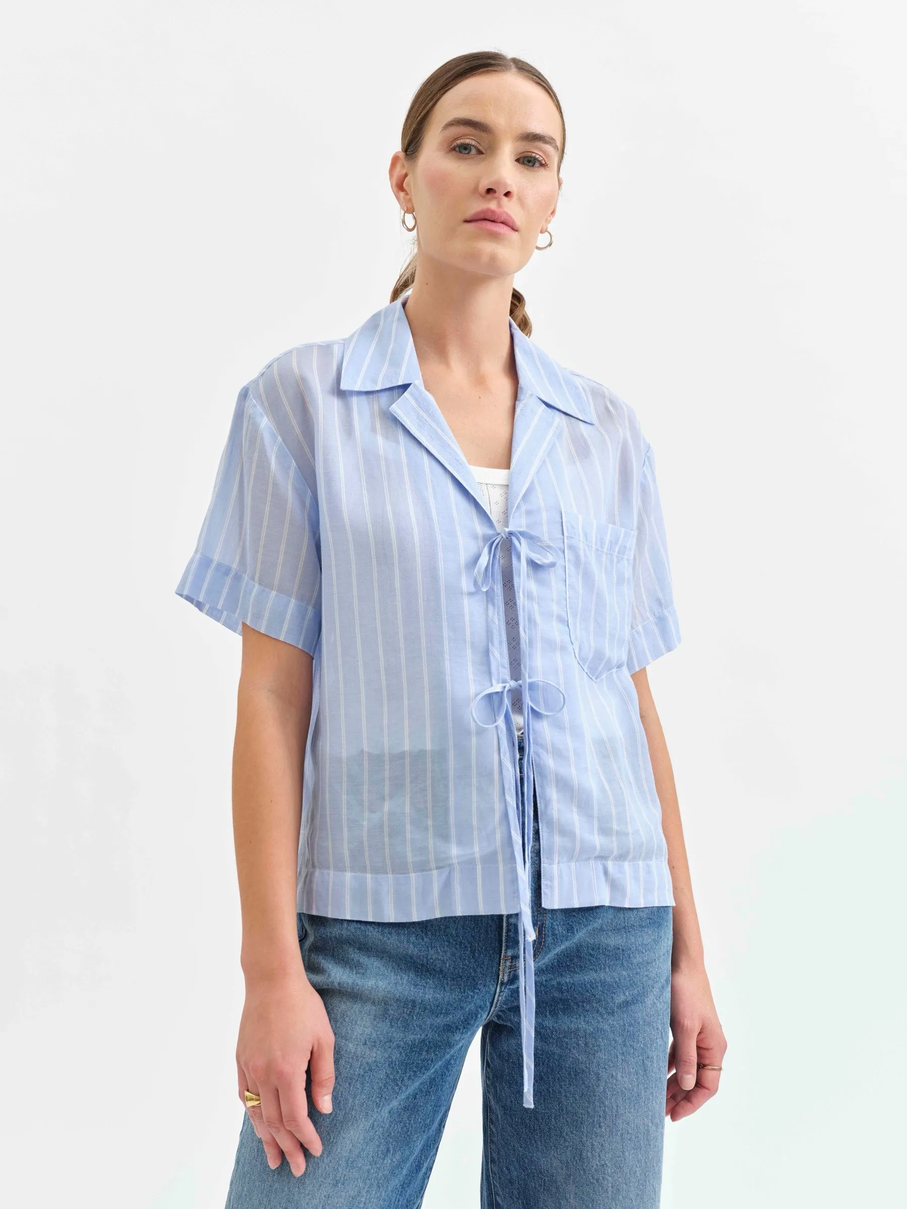 Buttercup Tie Front Shirt in Castle Stripe sold by Daze