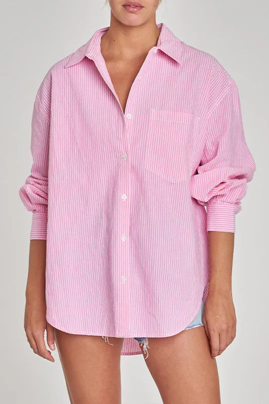 The Boyfriend Button Up in Pink Slip Stripe sold by Daze