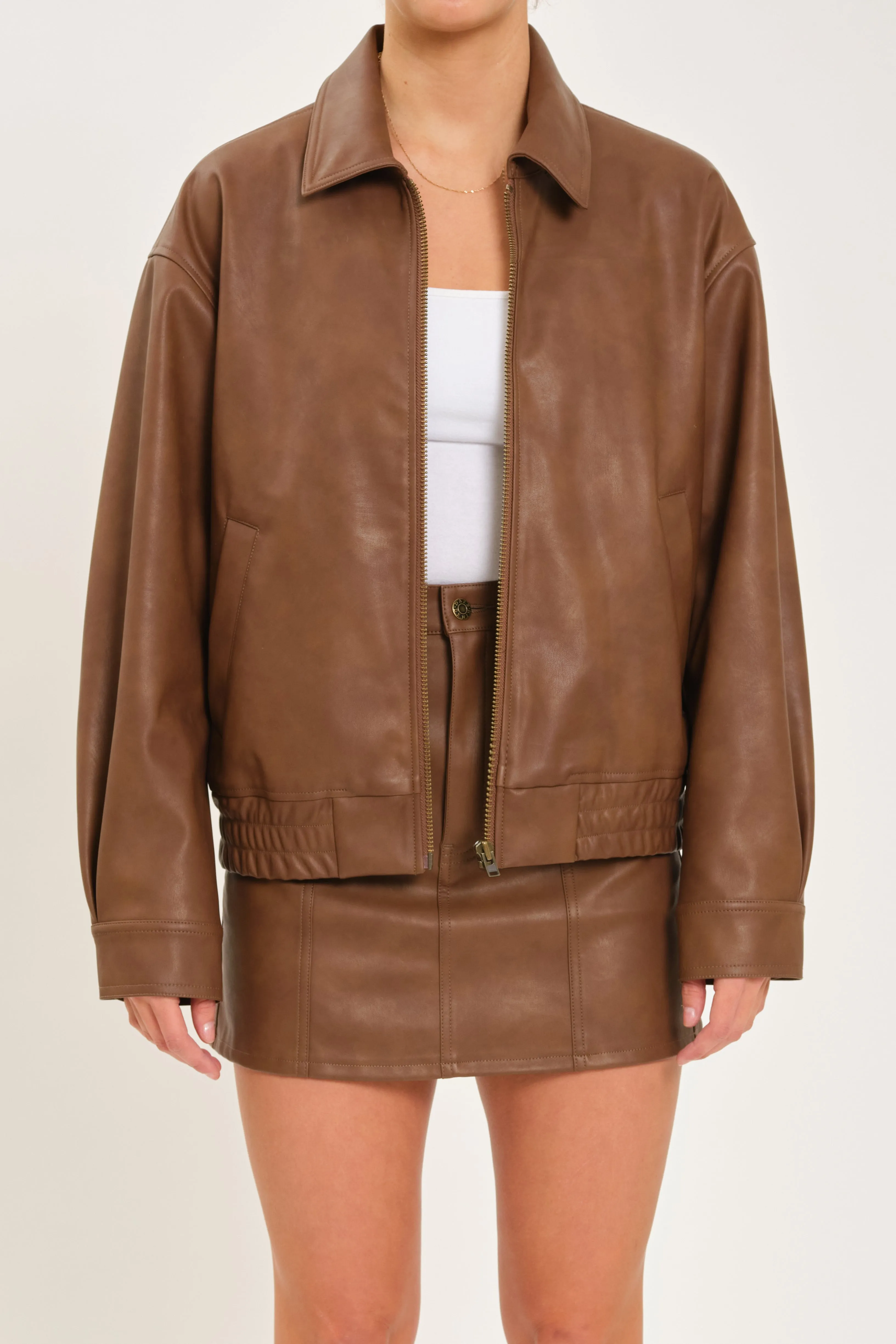 Icon Alt Leather Bomber in Vintage Sable sold by Daze