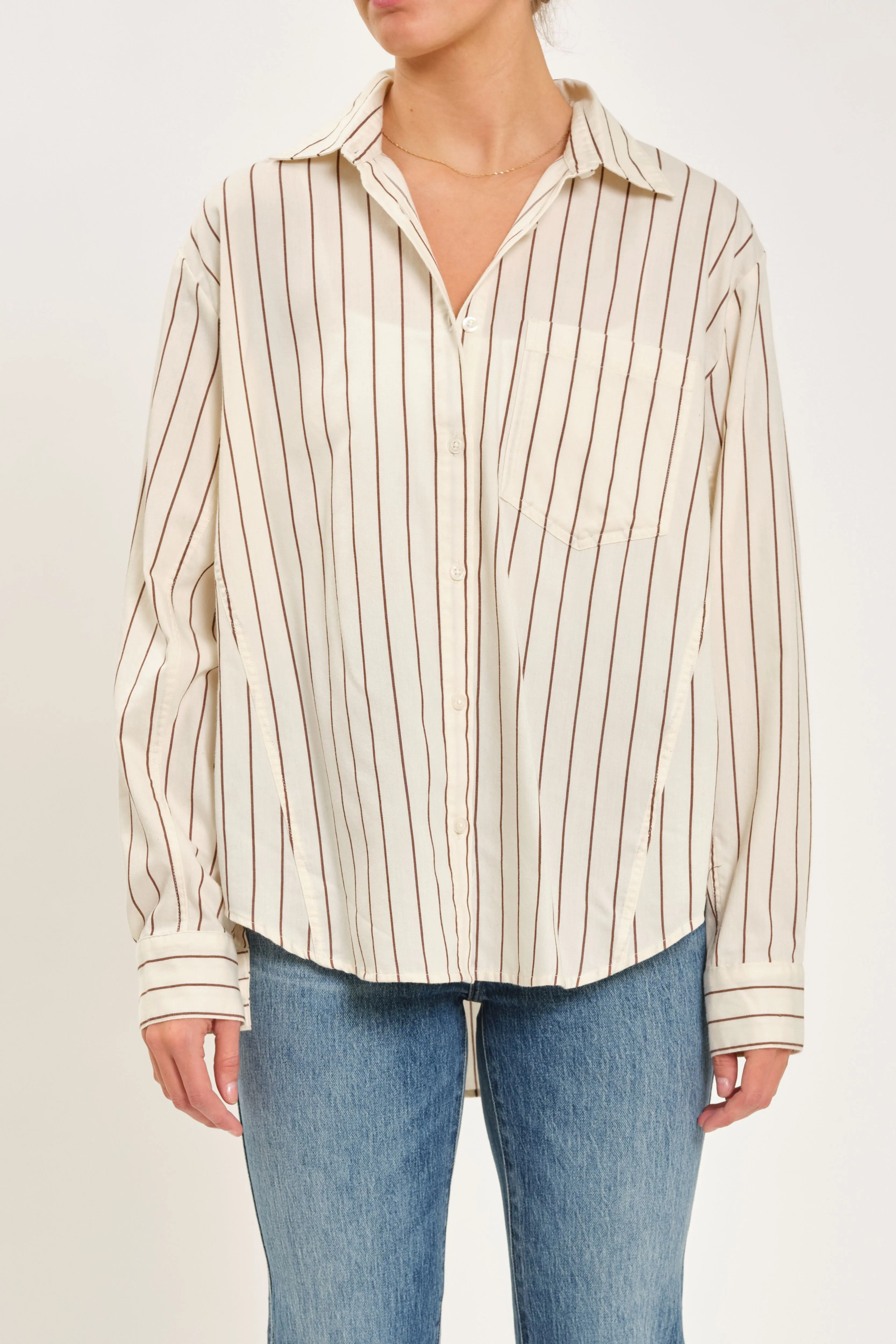 The Boyfriend Button Up in Ivory with Sable Stripe sold by Daze