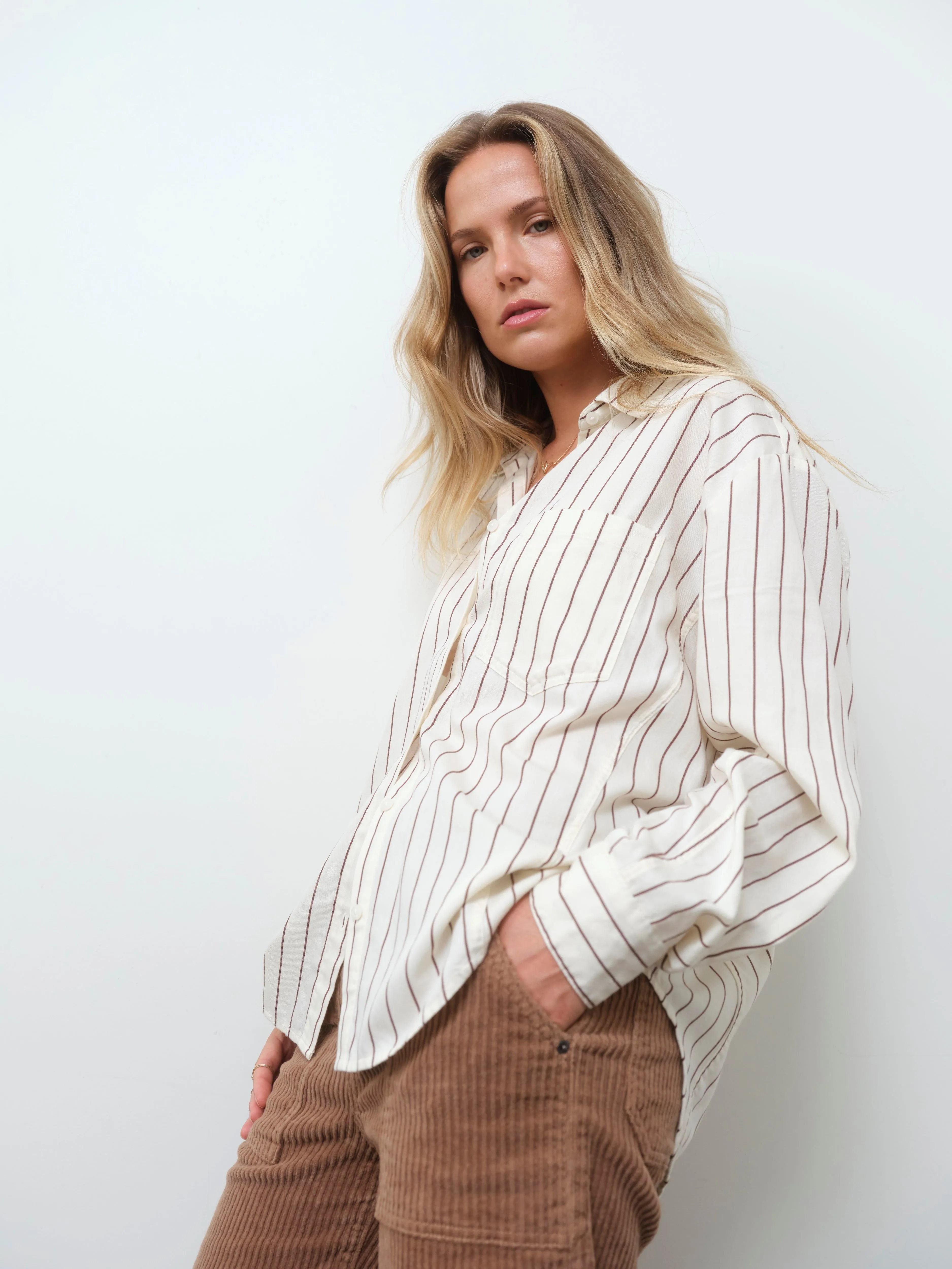 The Boyfriend Button Up in Ivory with Sable Stripe sold by Daze product image thumbnail 2
