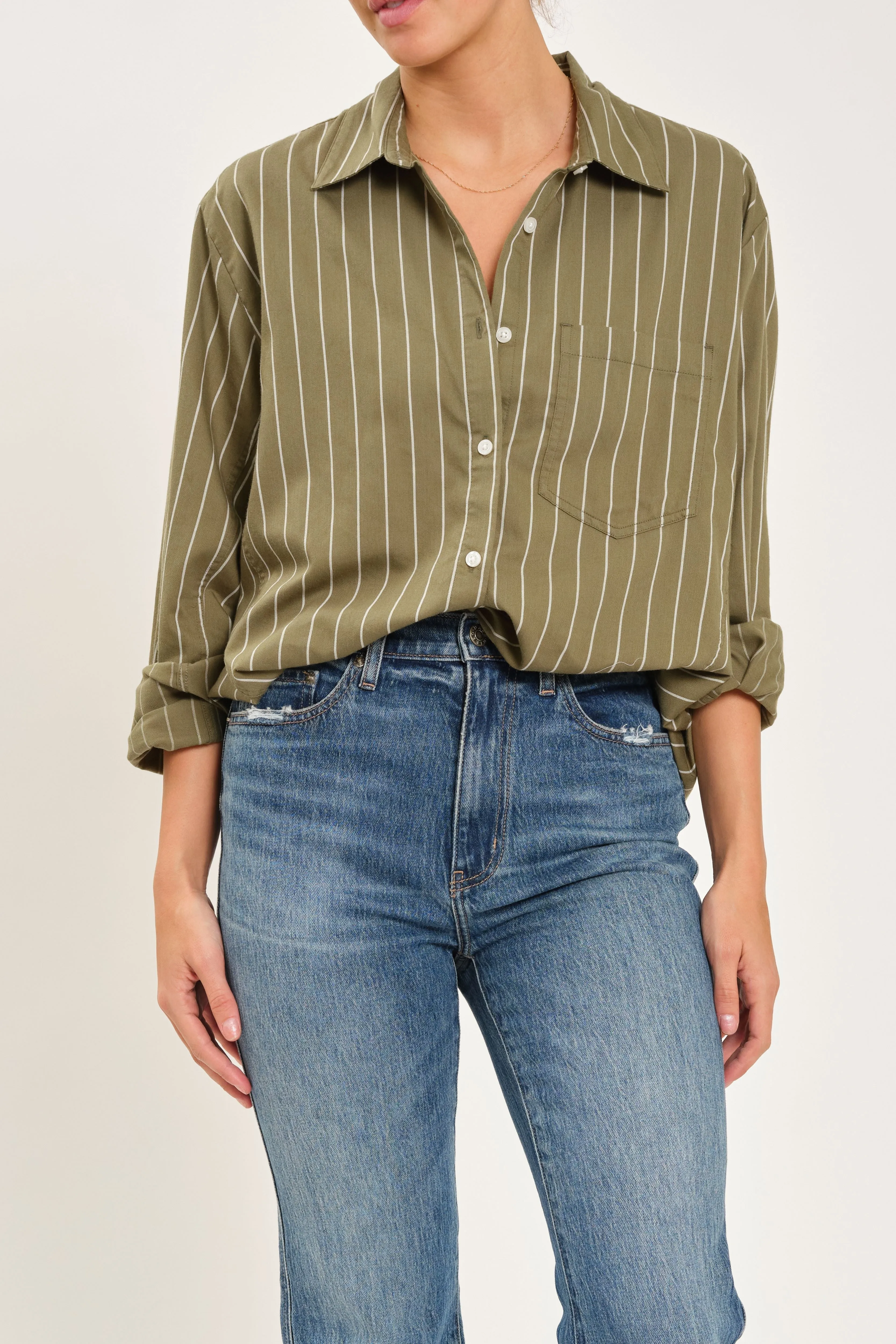 Boyfriend Shirt in Grass with Ivory Stripe sold by Daze