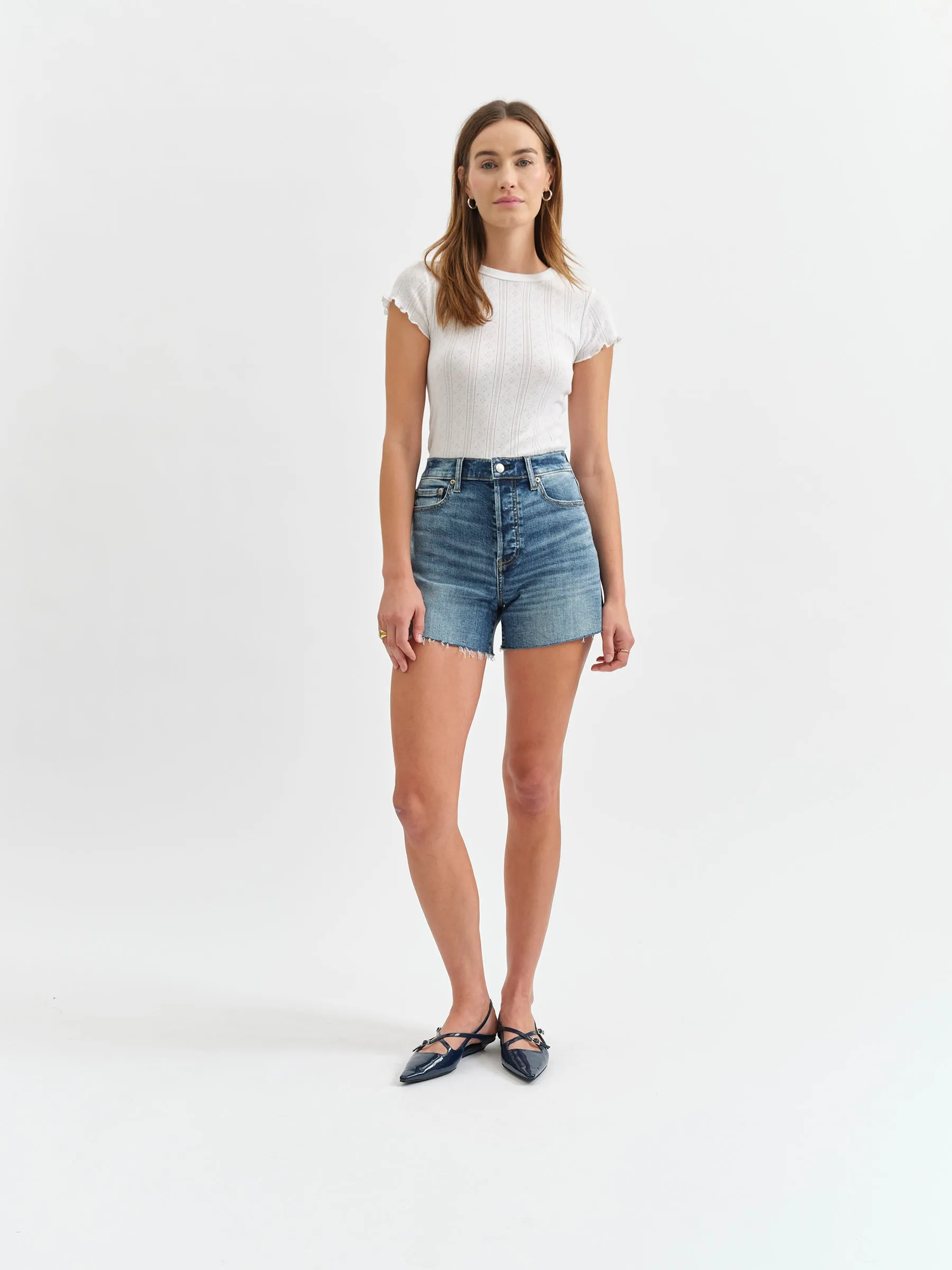 Bottom Line High Rise Short in Perfection sold by Daze