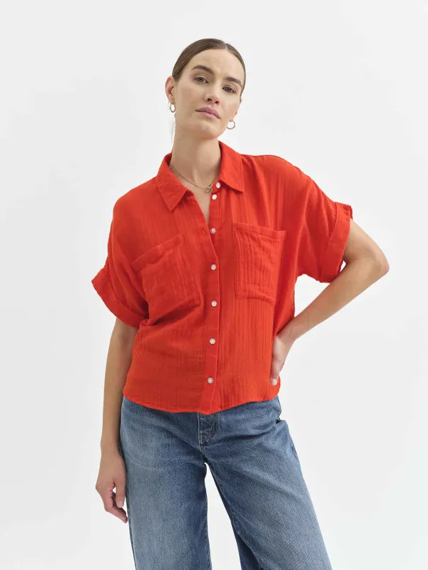 Kate Button Up in Bright Coral sold by Daze