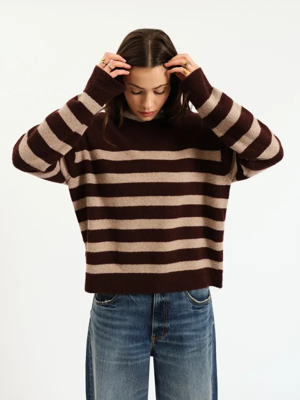 Carlyle Crewneck Sweater in Brown Oat Stripe sold by Daze