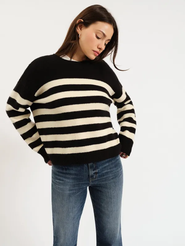 Carlyle Crewneck Sweater in Black Ivory Stripe sold by Daze