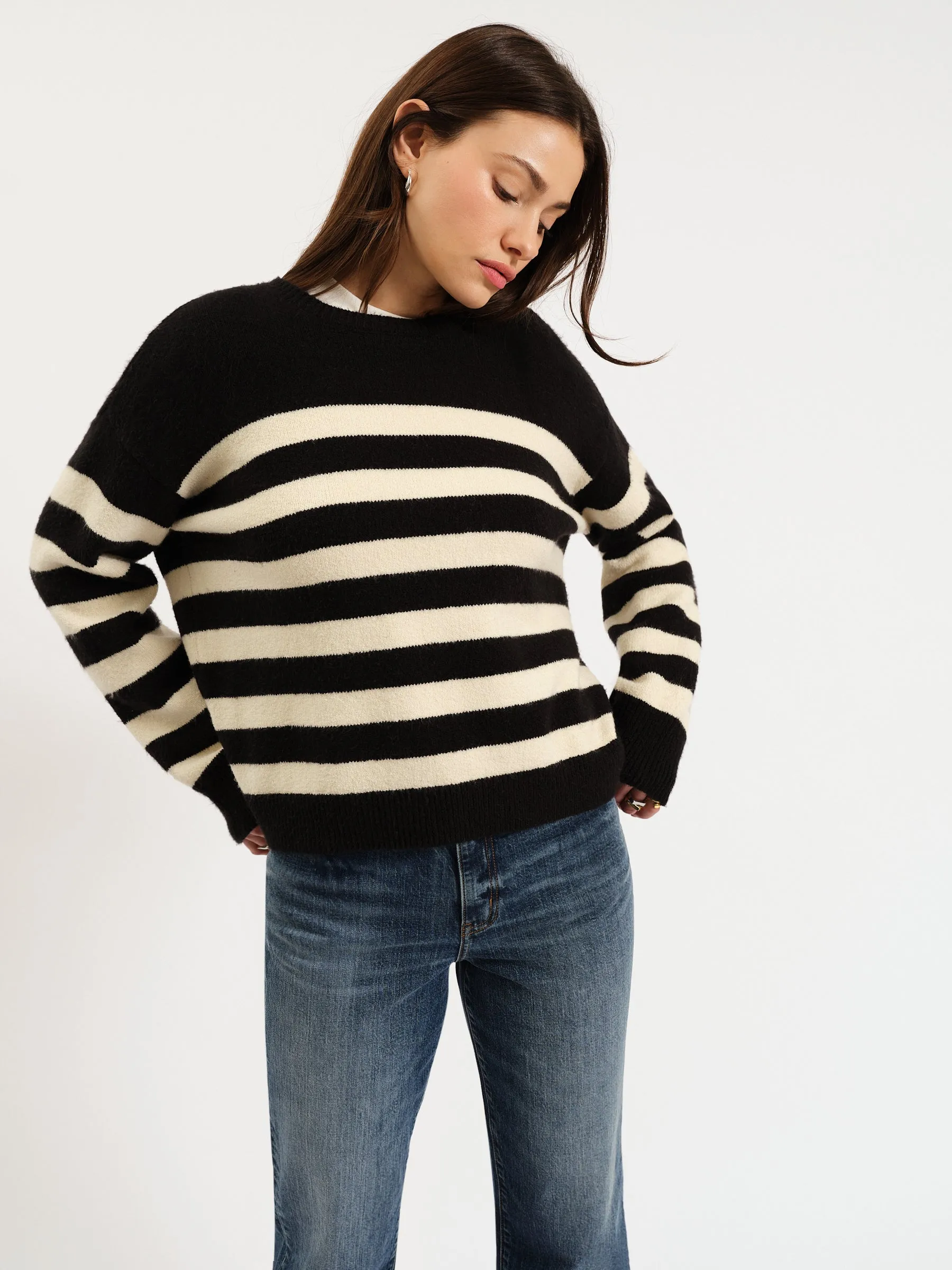 Carlyle Crewneck Sweater in Black Ivory Stripe sold by Daze