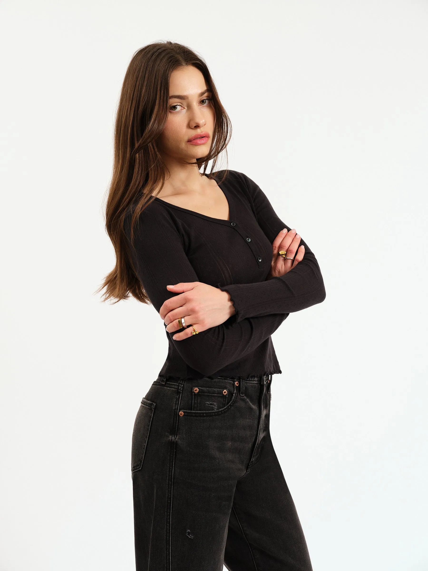Bunny V-Neck Pointelle Henley in Black sold by Daze product image thumbnail 2