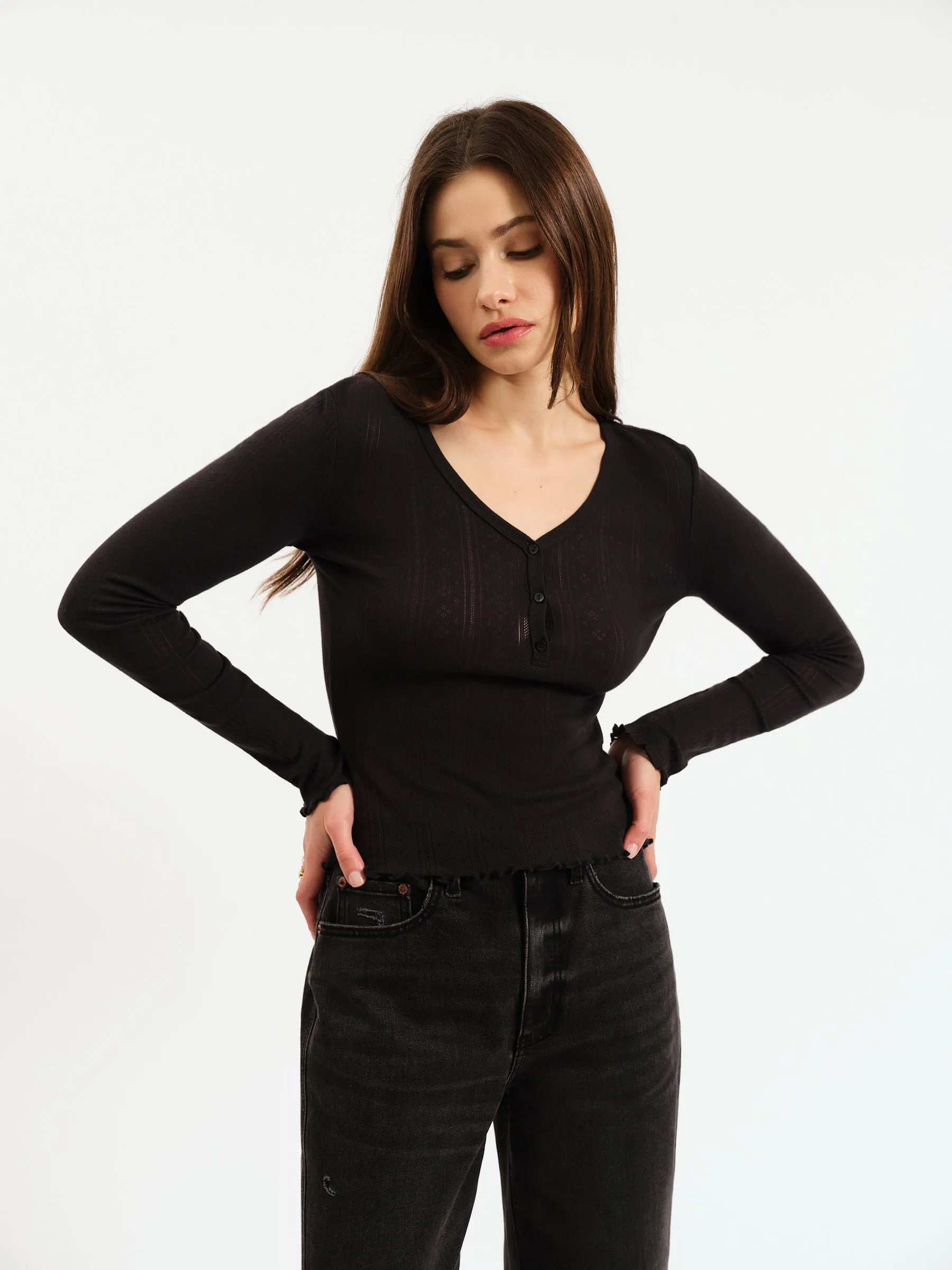Bunny V-Neck Pointelle Henley in Black sold by Daze