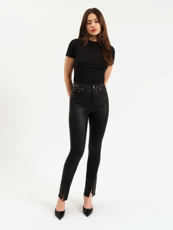 Downtown High Rise Split Slim in Black Coated sold by Daze