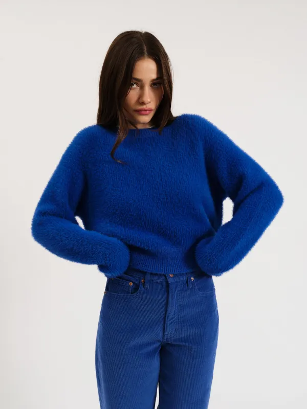 Fuzz Crewneck Eyelash Sweater in Cobalt sold by Daze
