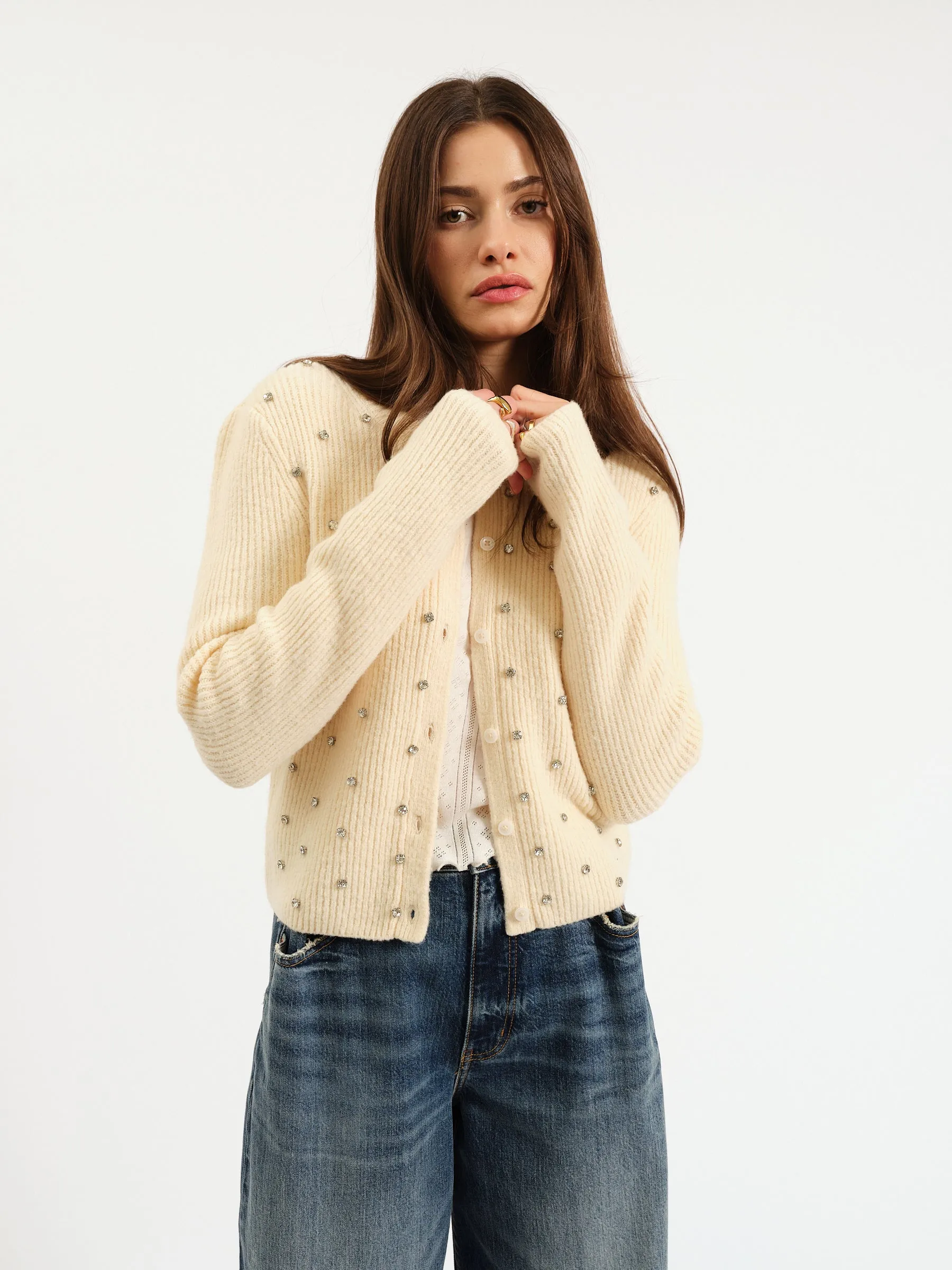 Muse Embellished Crewneck in Ivory sold by Daze