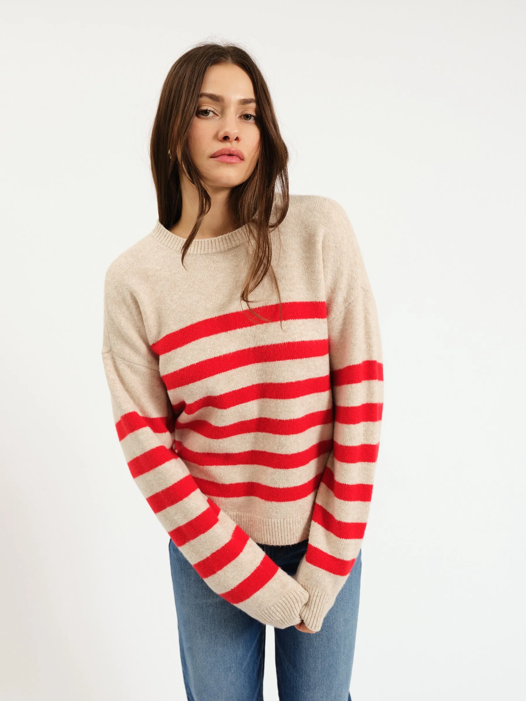 Carlyle Crewneck Sweater in Red Oat Stripe sold by Daze