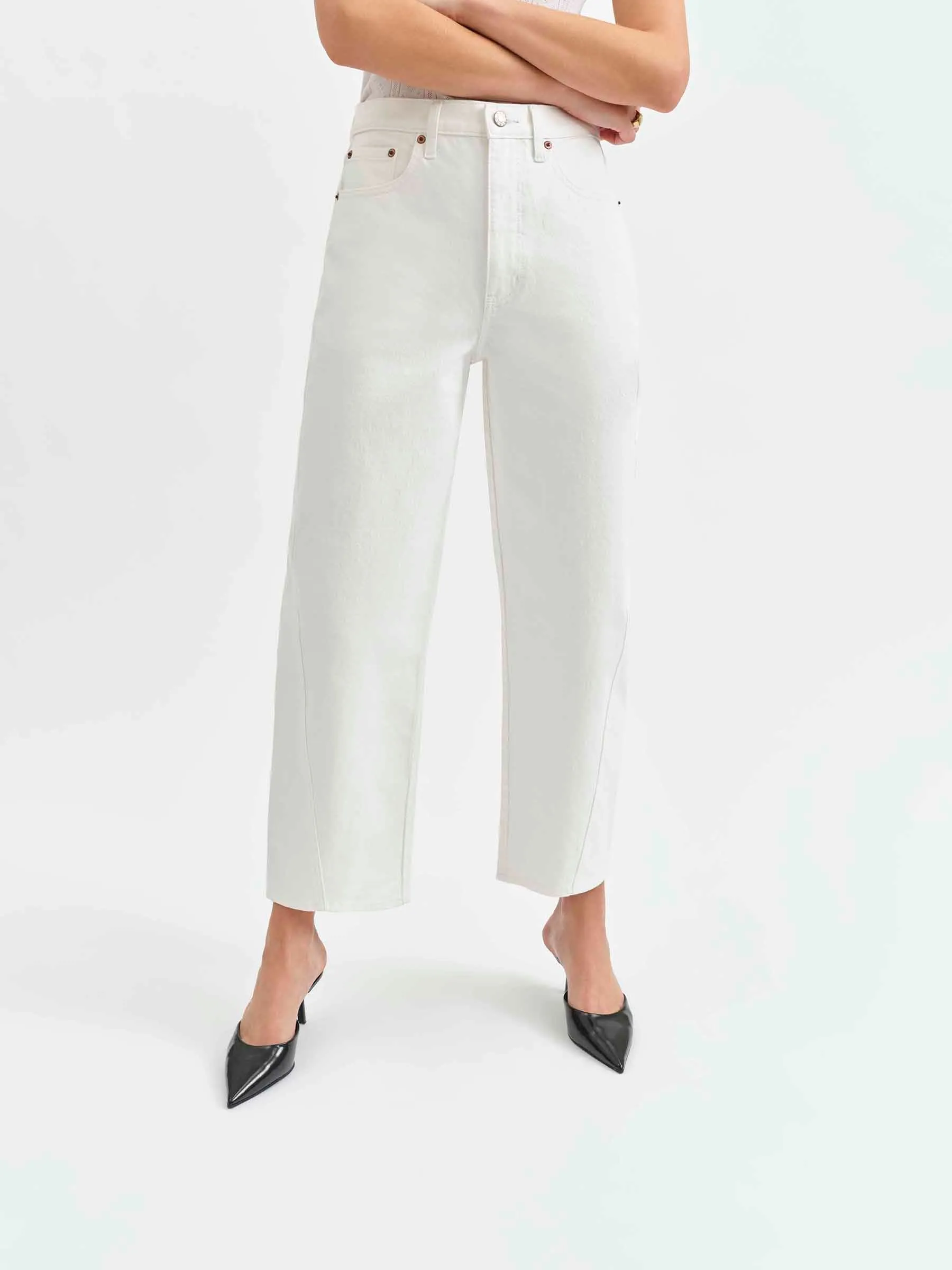 Westward High Rise Barrel Leg in Swan sold by Daze