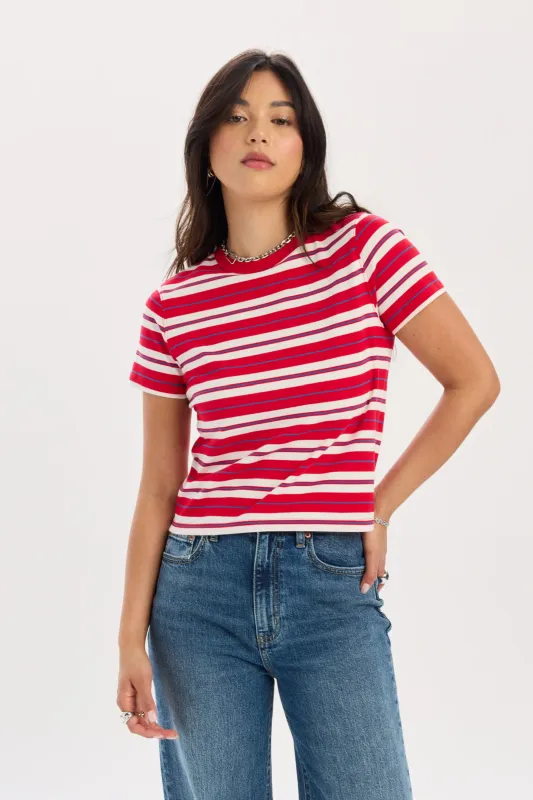 Zuma Crew Neck Tee in Scarlet Stripe made by Daze