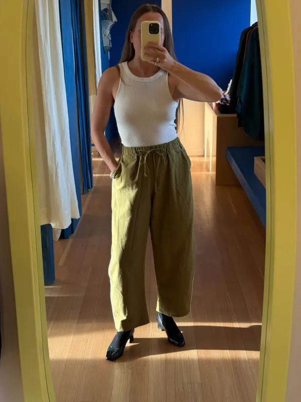 Jules Pant - Moss with white Piping made by Shelter