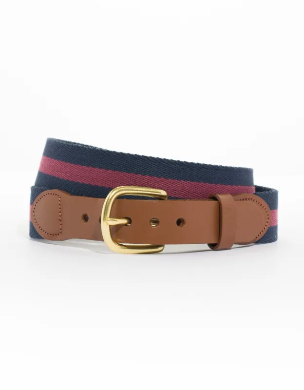 Made-in-USA Navy & Maroon Striped Belgian Wool Surcingle Belt sold by J. Press