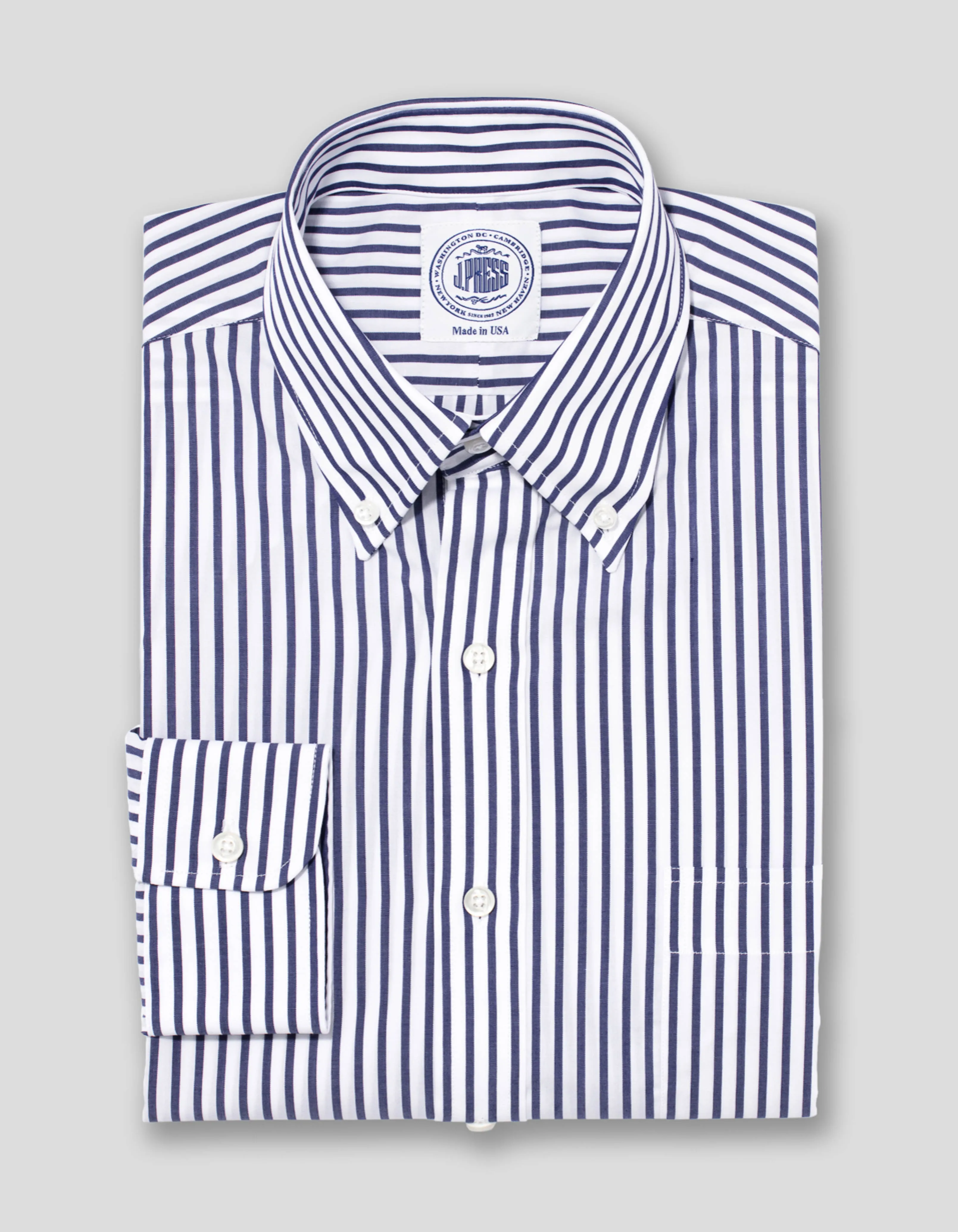 Made-in-Canada Navy Butcher Stripe Broadcloth Button Down Shirt - Classic Fit sold by J. Press