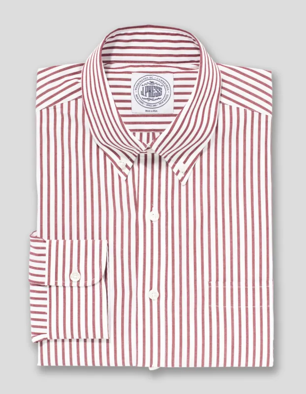 Made-in-Canada Dark Red Butcher Stripe Broadcloth Button Down Shirt - Classic Fit sold by J. Press