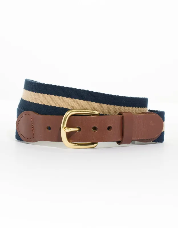 Made-in-USA Navy & Khaki Striped Smooth Belgian Wool Surcingle Belt sold by J. Press