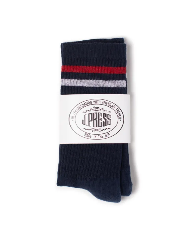 Made-in-USA Navy Ivy Stripe Cotton Crew Socks sold by J. Press