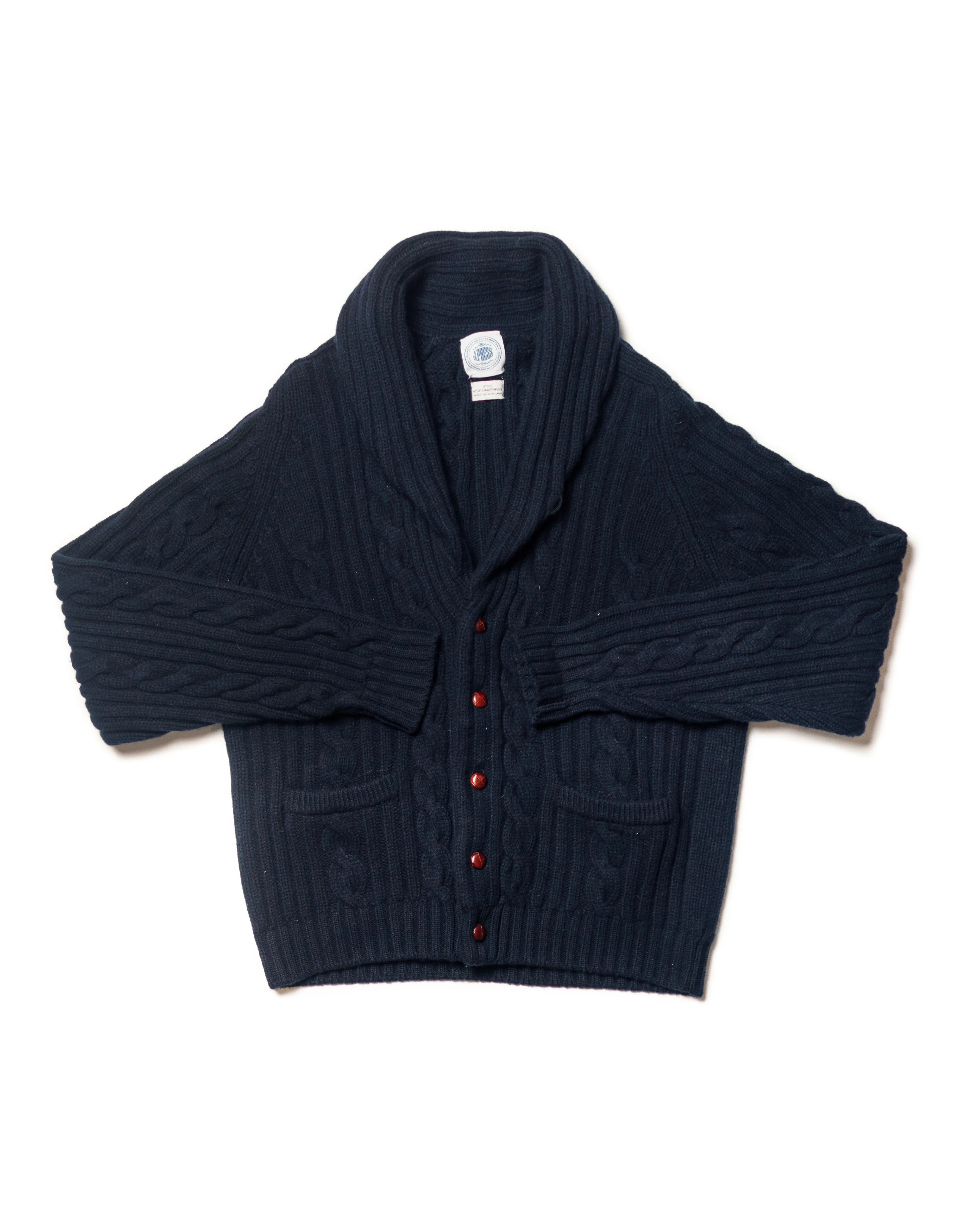 Made-in-Scotland Navy Shawl Collar Cableknit Cardigan sold by J. Press