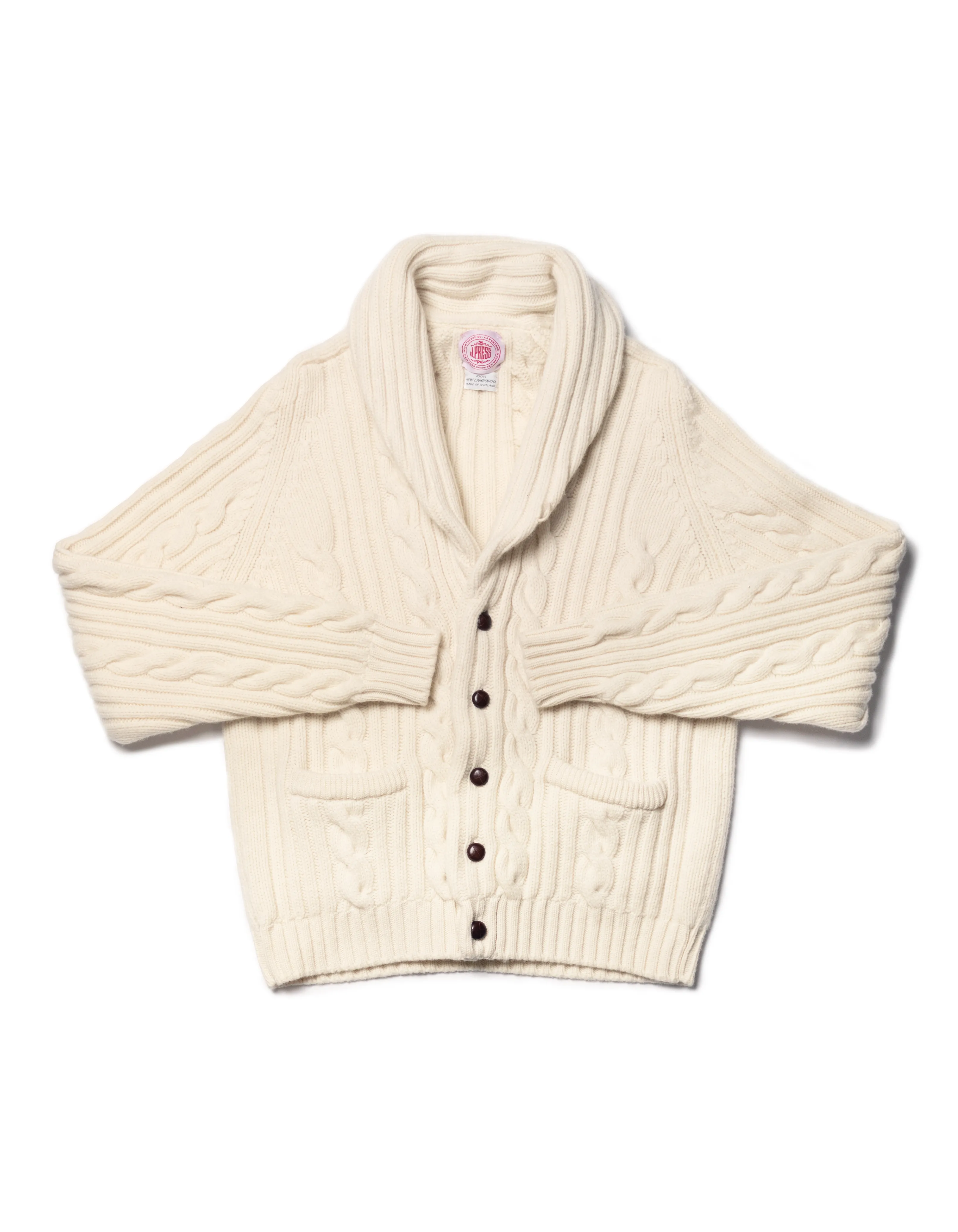 Made-in-Scotland Natural Shawl Collar Cable Knit Cardigan sold by J. Press