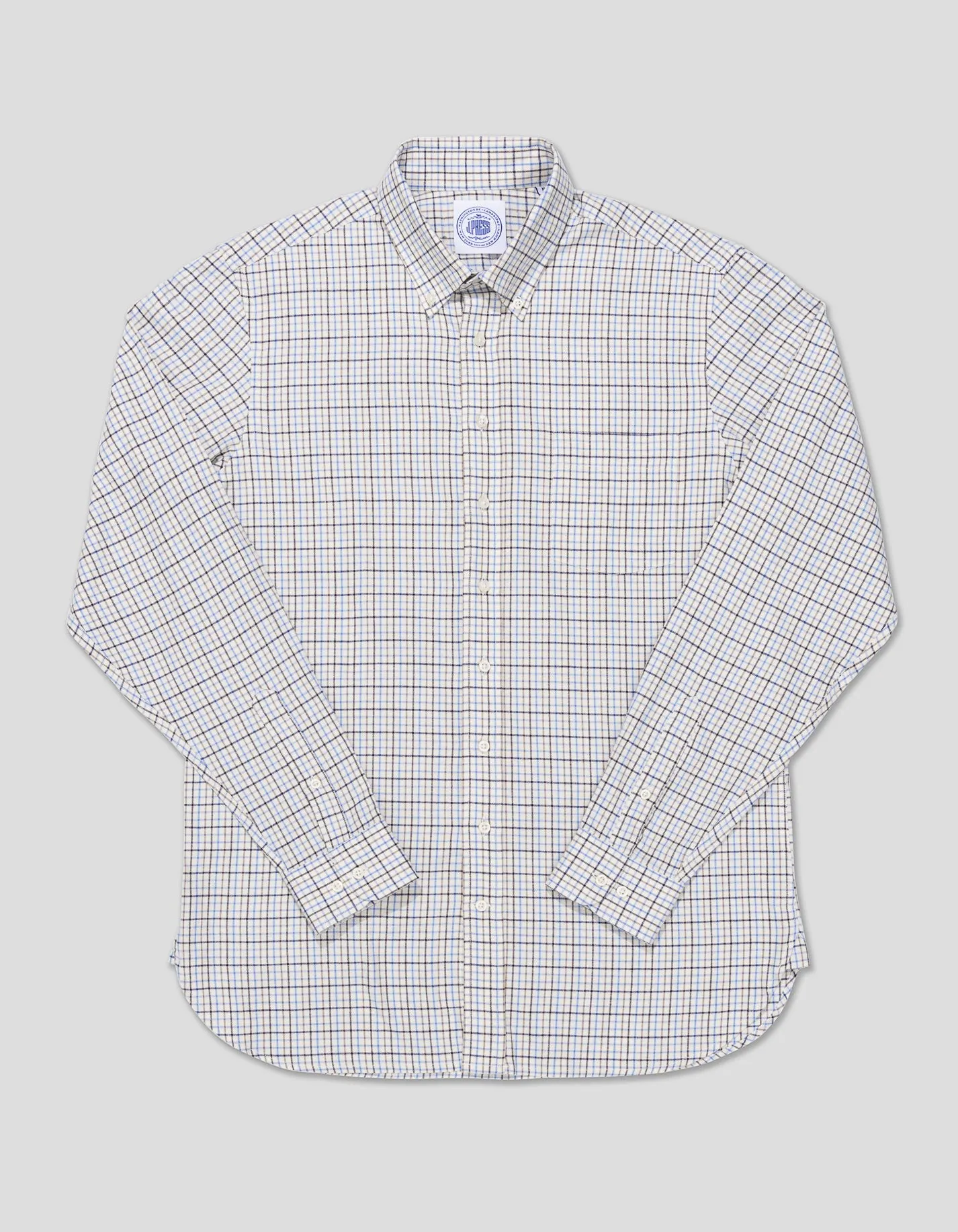 BROWN/TAN/LIGHT BLUE TATTERSALL SPORT SHIRT sold by J. Press