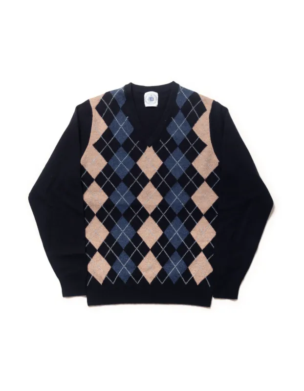 LAMBSWOOL ARGYLE V NECK SWEATER - NAVY/TAN sold by J. Press