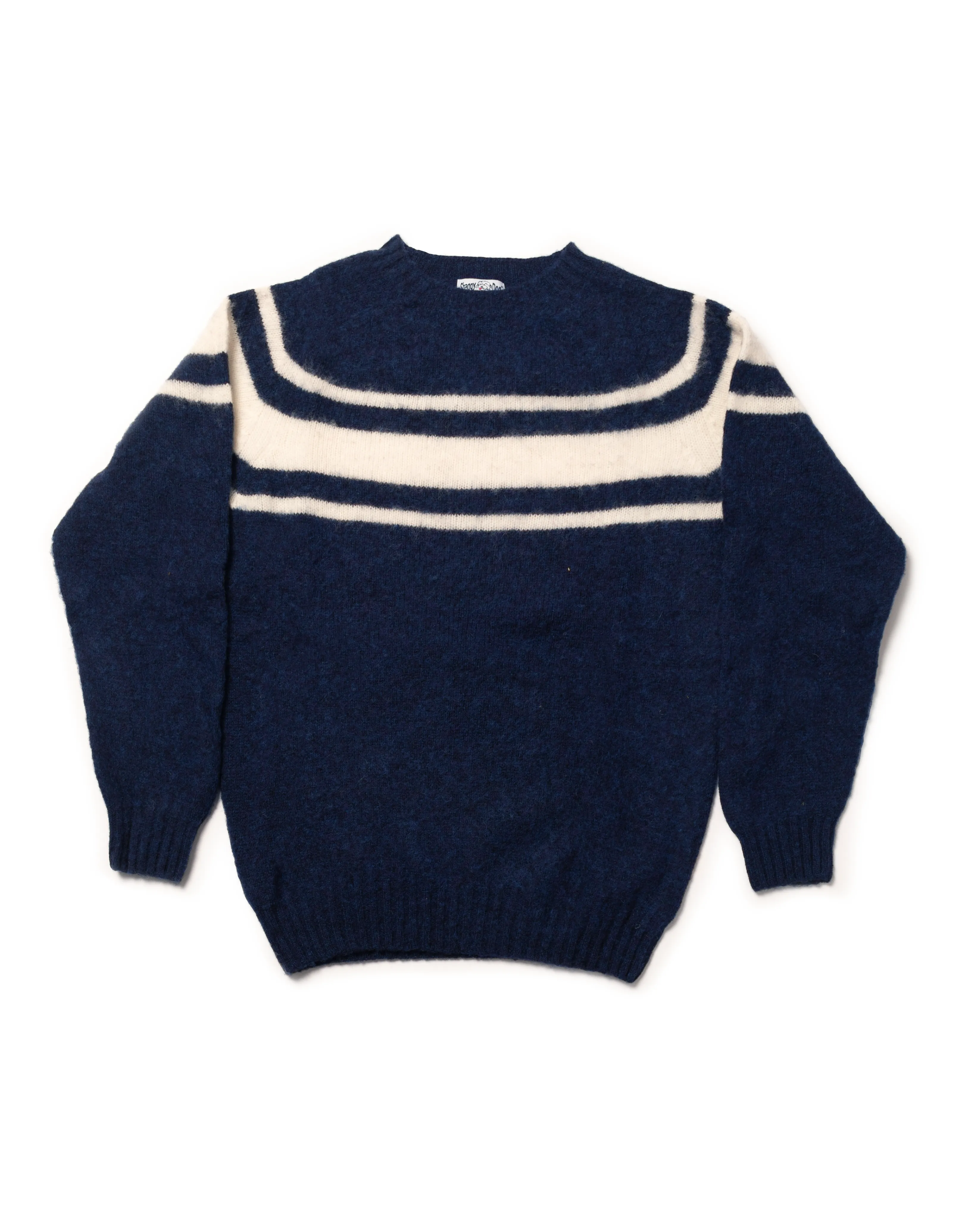 Made-in-Scotland Dark Blue Chest Stripe Shaggy Dog Sweater - Trim Fit sold by J. Press