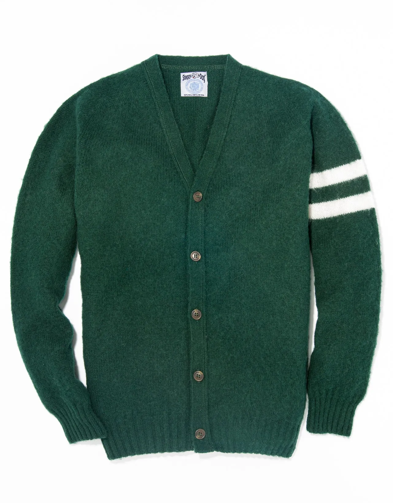 Made-in-Scotland Hanover Green Shaggy Dog University Cardigan sold by J. Press