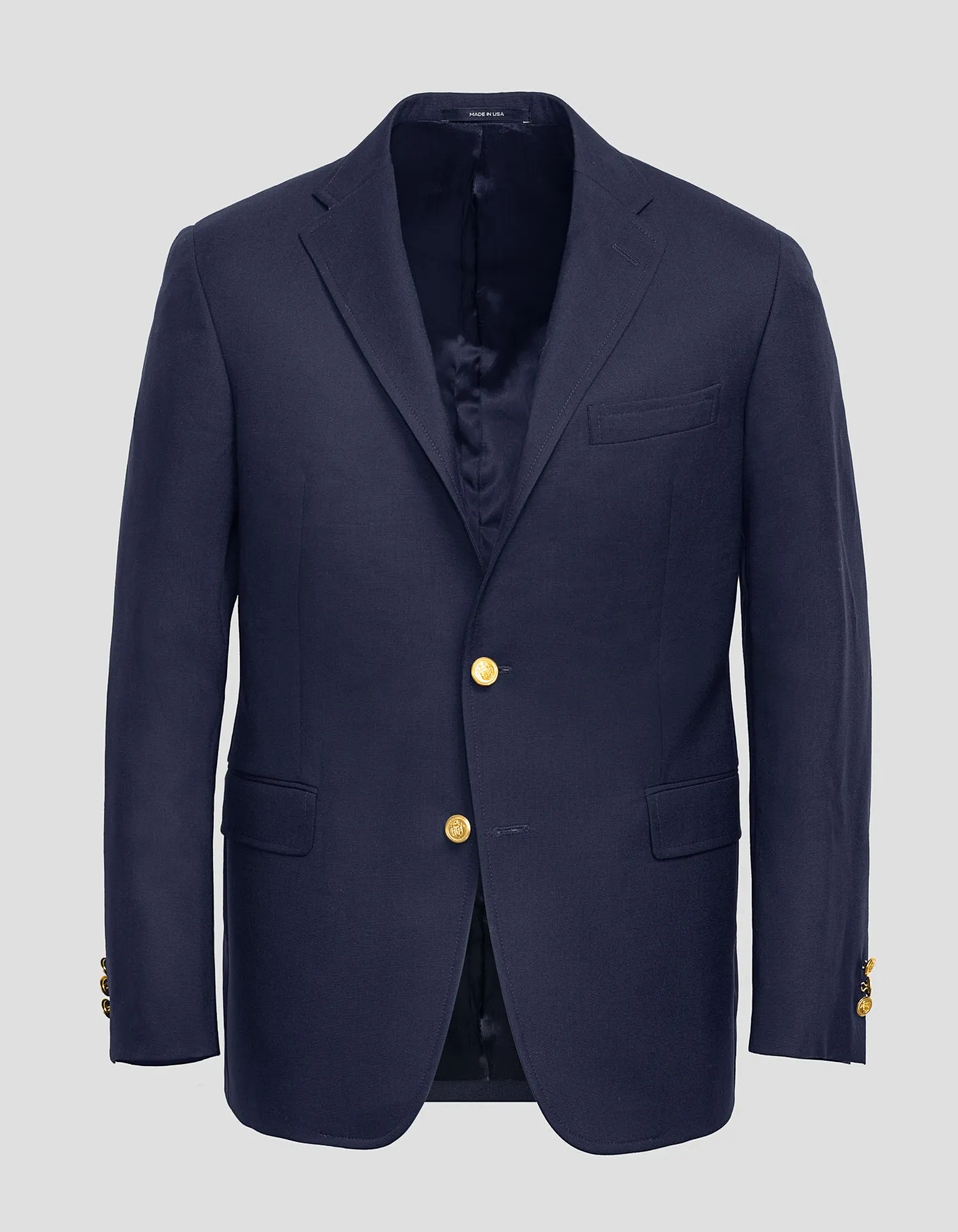 Made-in-USA Two-Button Darted Solid Navy Tropical Wool Blazer sold by J. Press