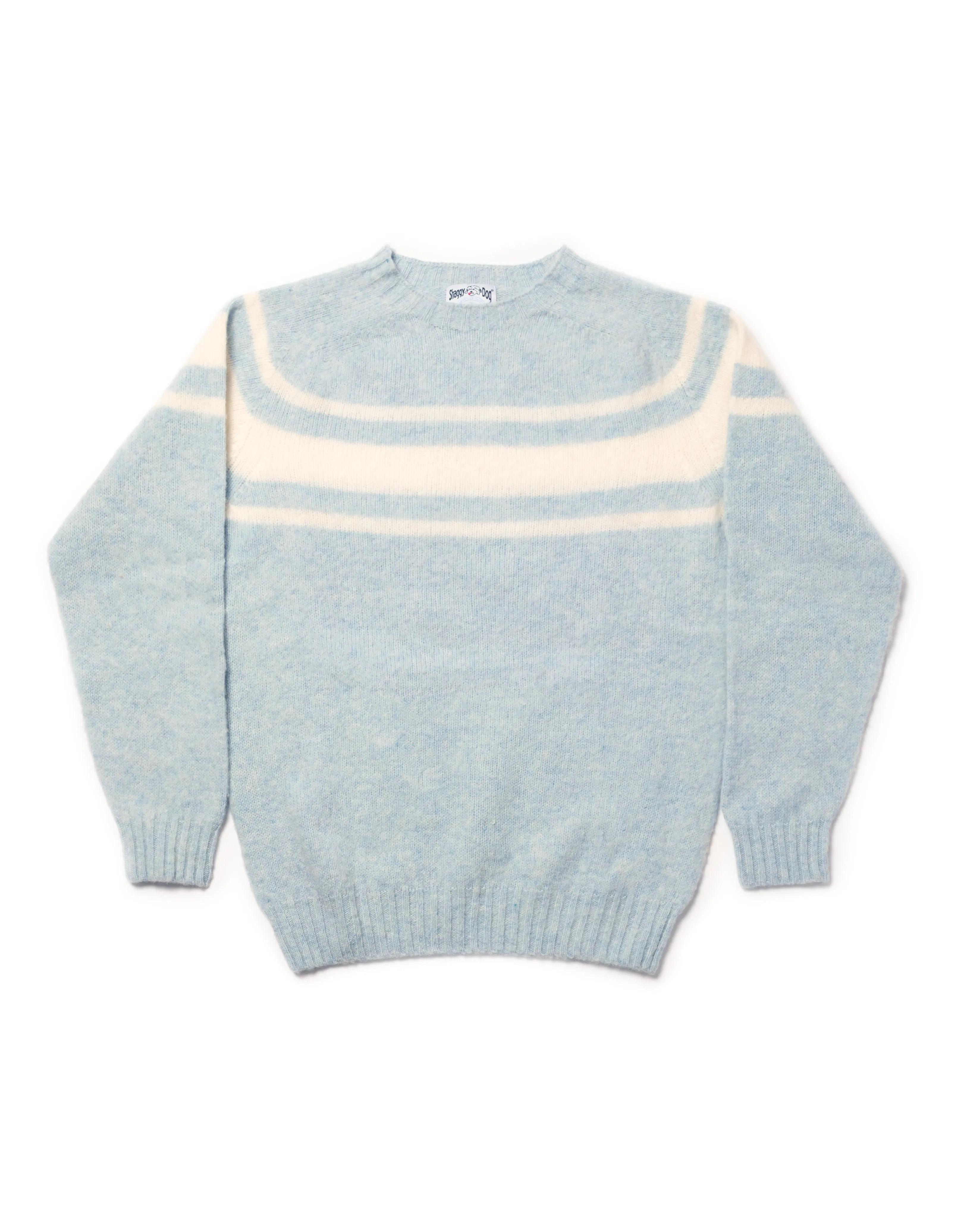 Made-in-Scotland Light Blue Chest Stripe Shaggy Dog Sweater - Trim Fit sold by J. Press