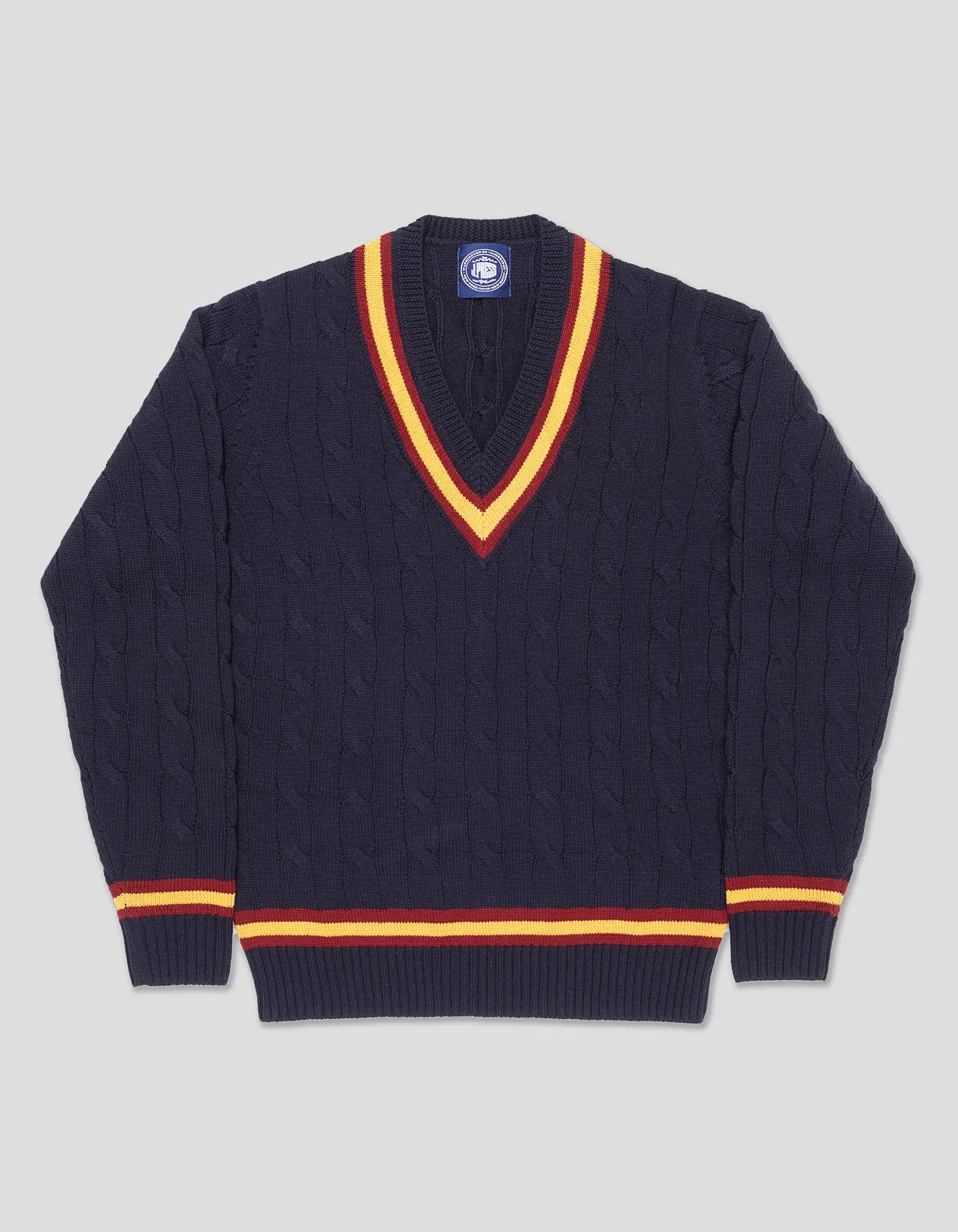 MERINO WOOL CRICKET CABLE V-NECK SWEATER - NAVY sold by J. Press