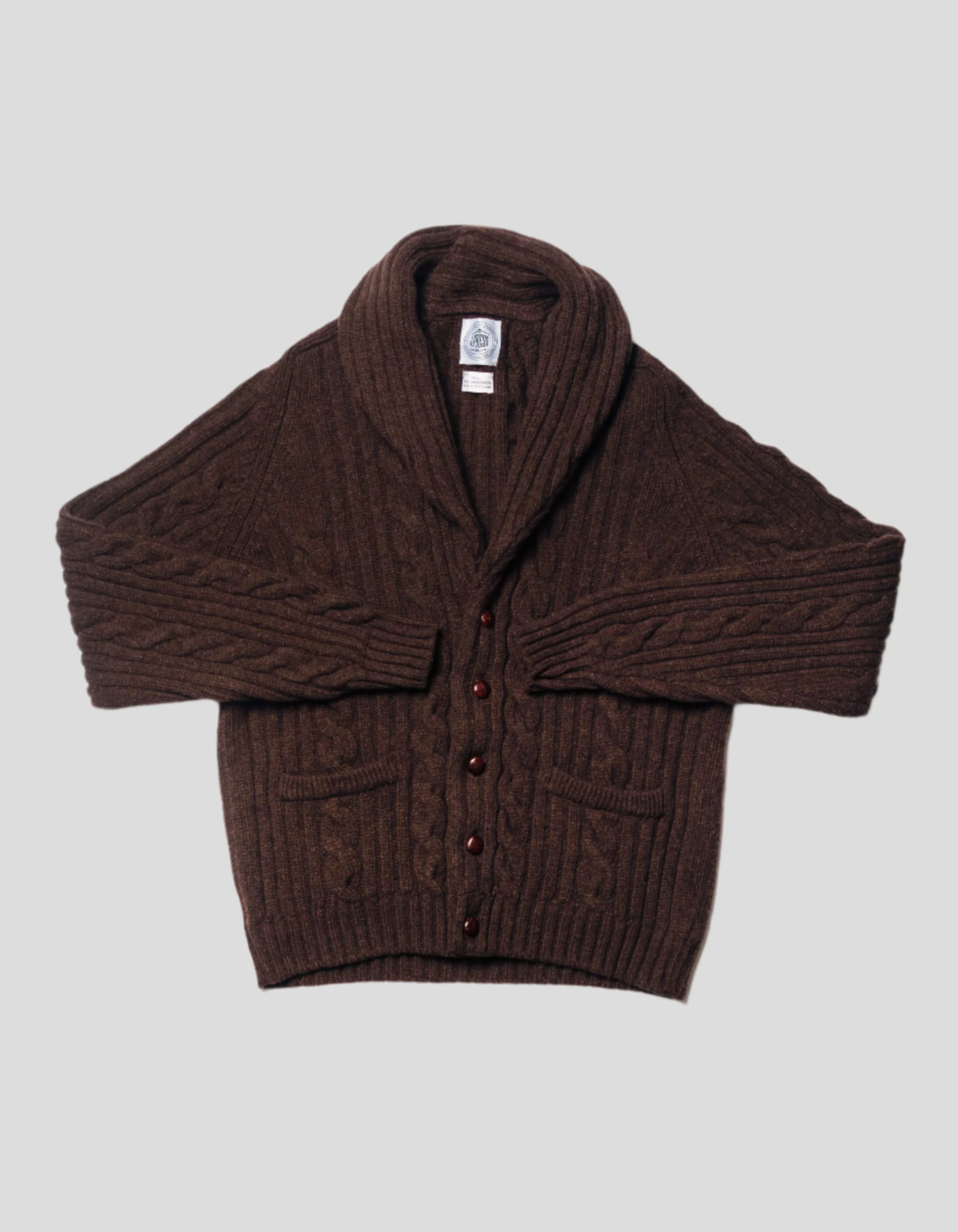 Made-in-Scotland Brown Shawl Collar Cable Knit Cardigan sold by J. Press