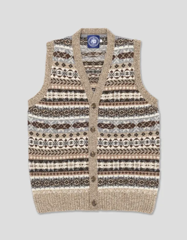 Made-in-Scotland  Tan Fair Isle Cardigan Vest sold by J. Press