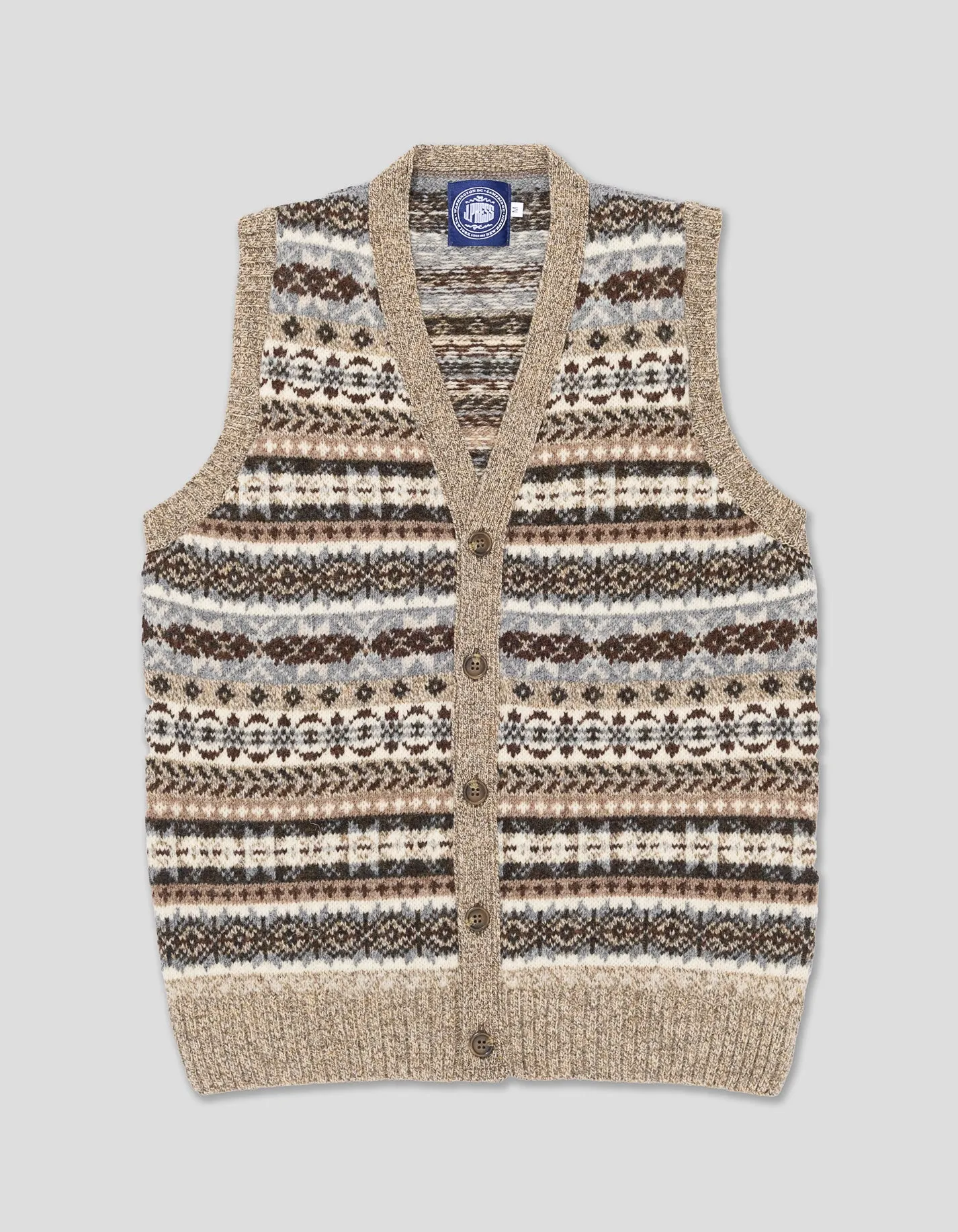 Made-in-Scotland Tan Fair Isle Cardigan Vest sold by J. Press