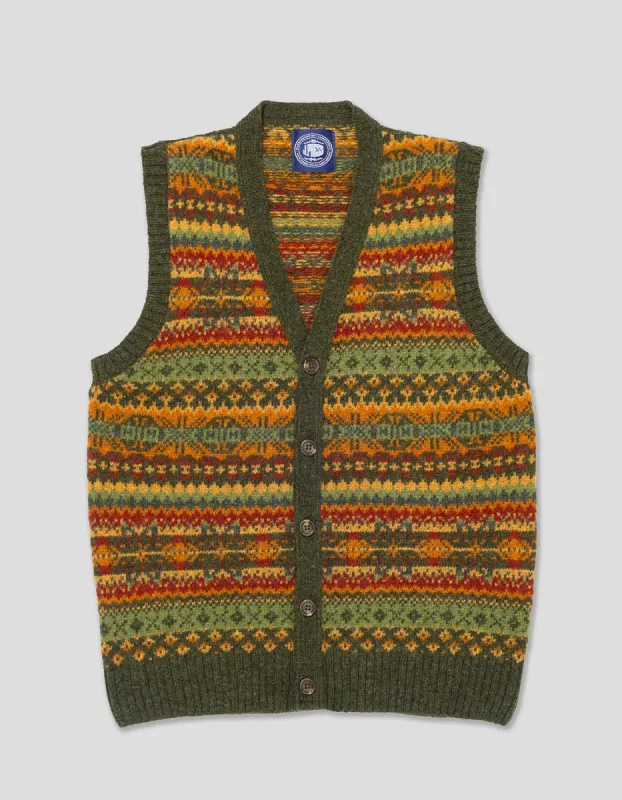 Made-in-Scotland Olive Fair Isle Cardigan Vest sold by J. Press