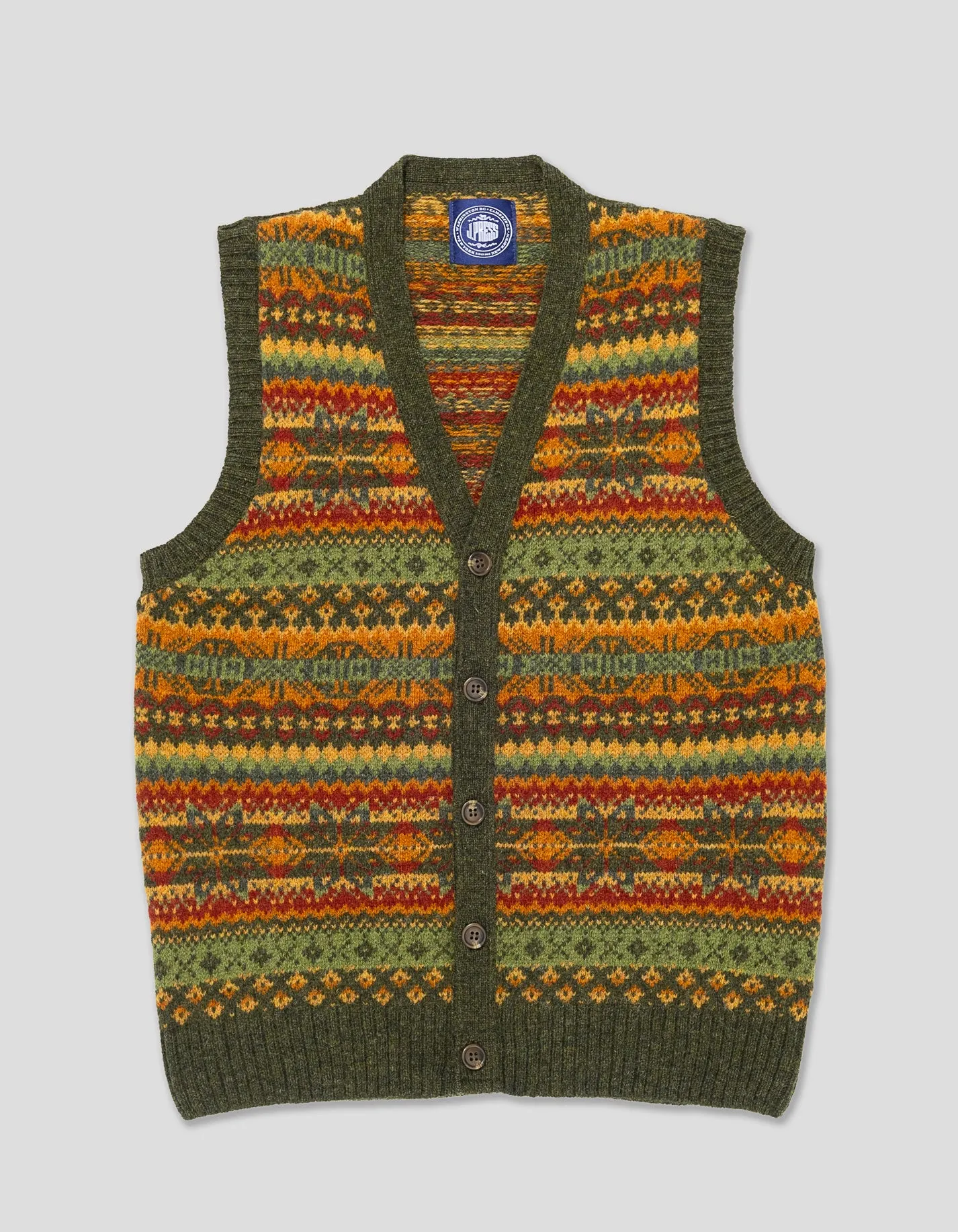 Made-in-Scotland Olive Fair Isle Cardigan Vest sold by J. Press