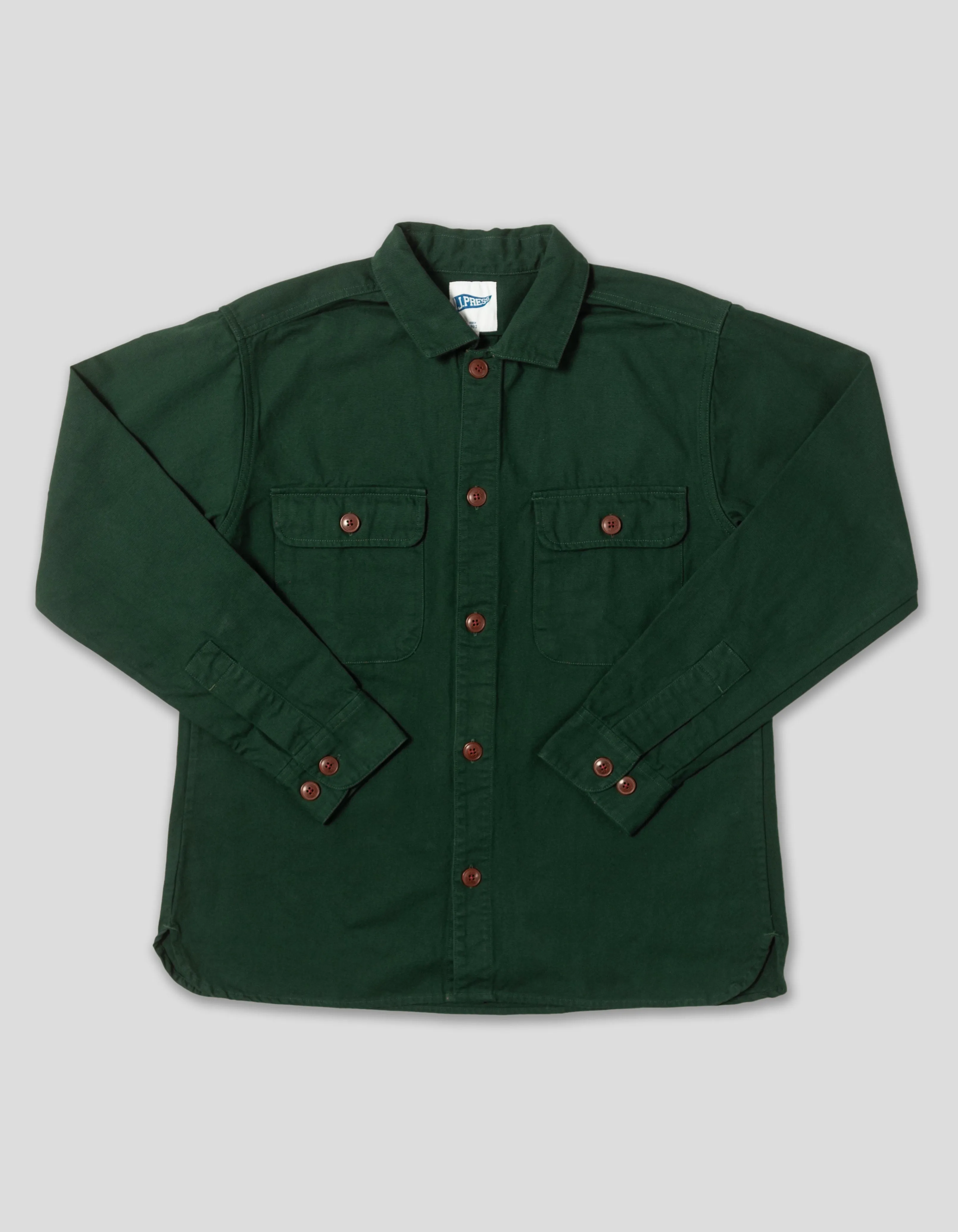 Dark Green Cotton Canvas Overshirt - Trim Fit sold by J. Press
