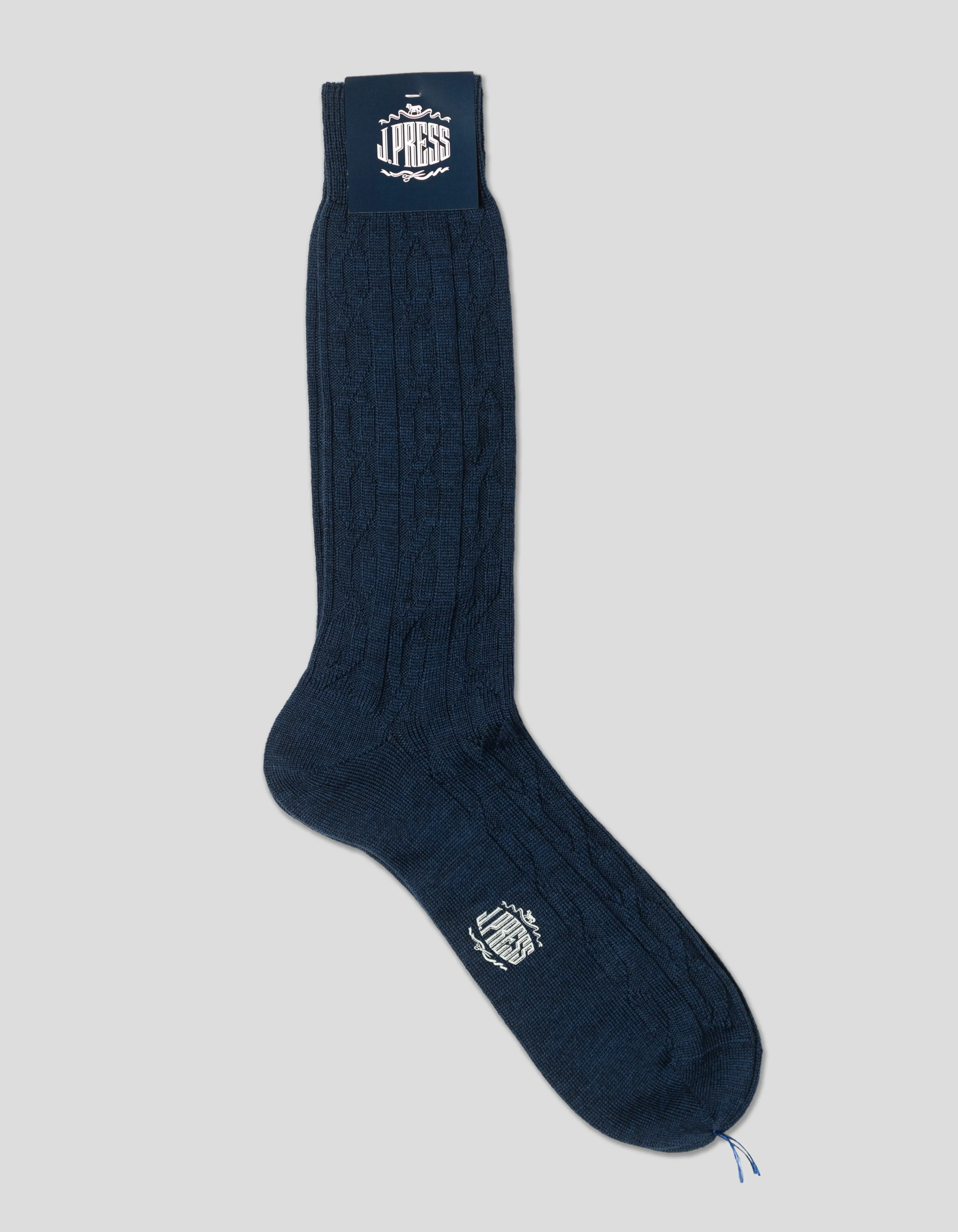 Made-in-England Blue Cable Knit Wool Socks sold by J. Press