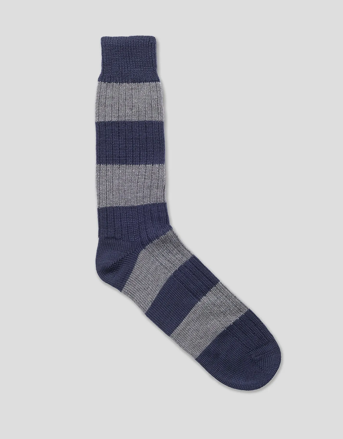 Made-in-England Navy & Grey Block Stripe Wool Socks sold by J. Press