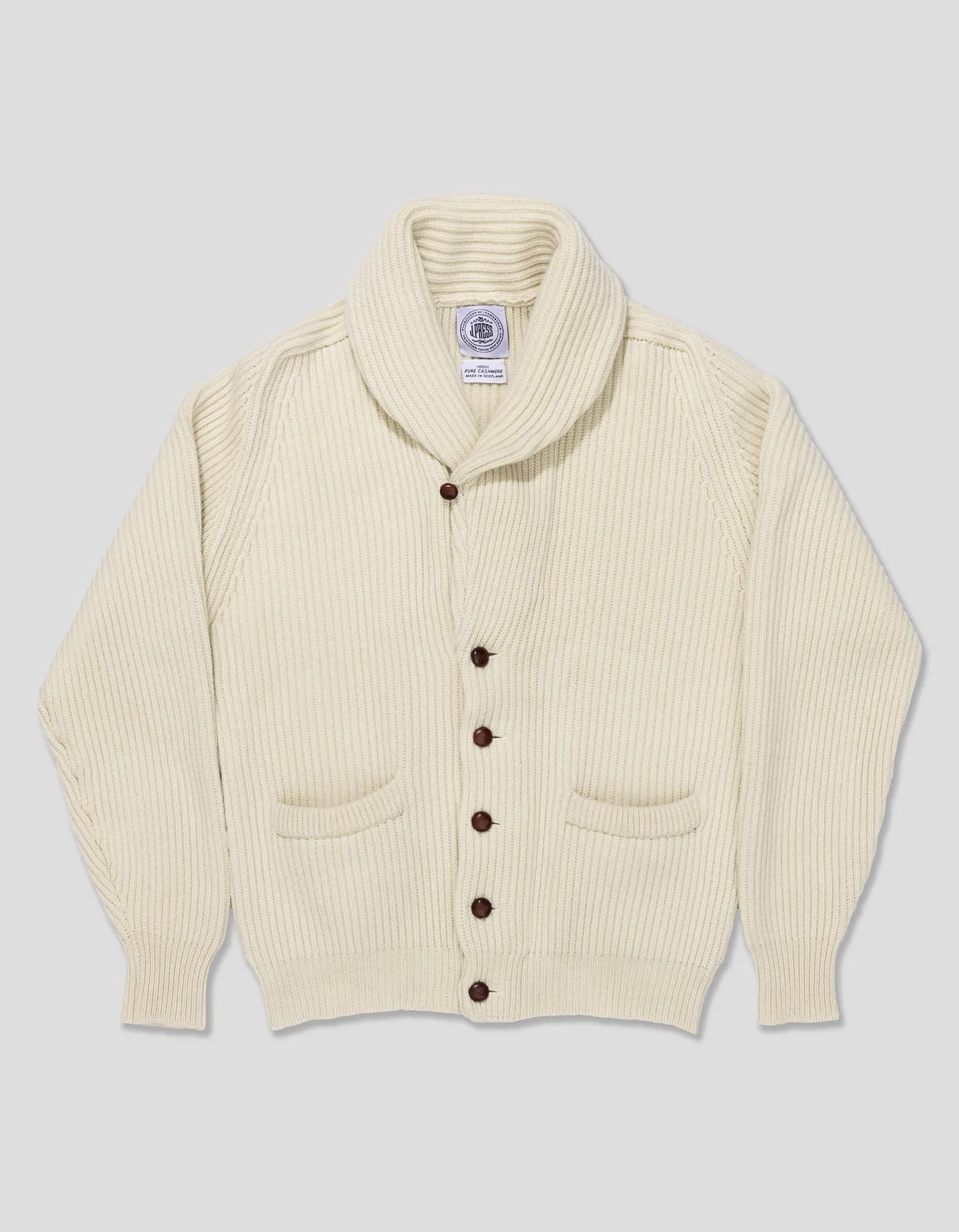 Made-in-Scotland Ivory Cashmere Shawl Collar Cardigan sold by J. Press