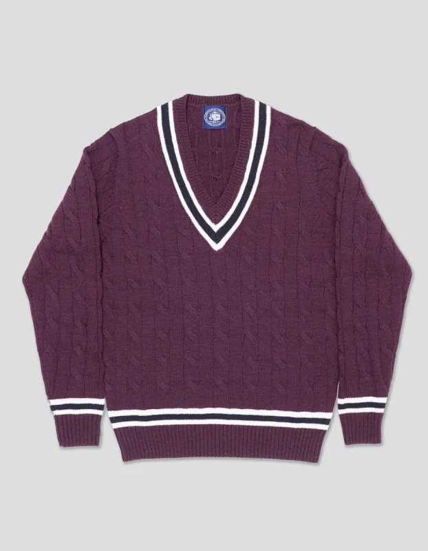 MERINO WOOL CRICKET CABLE V-NECK SWEATER - DARK PURPLE sold by J. Press