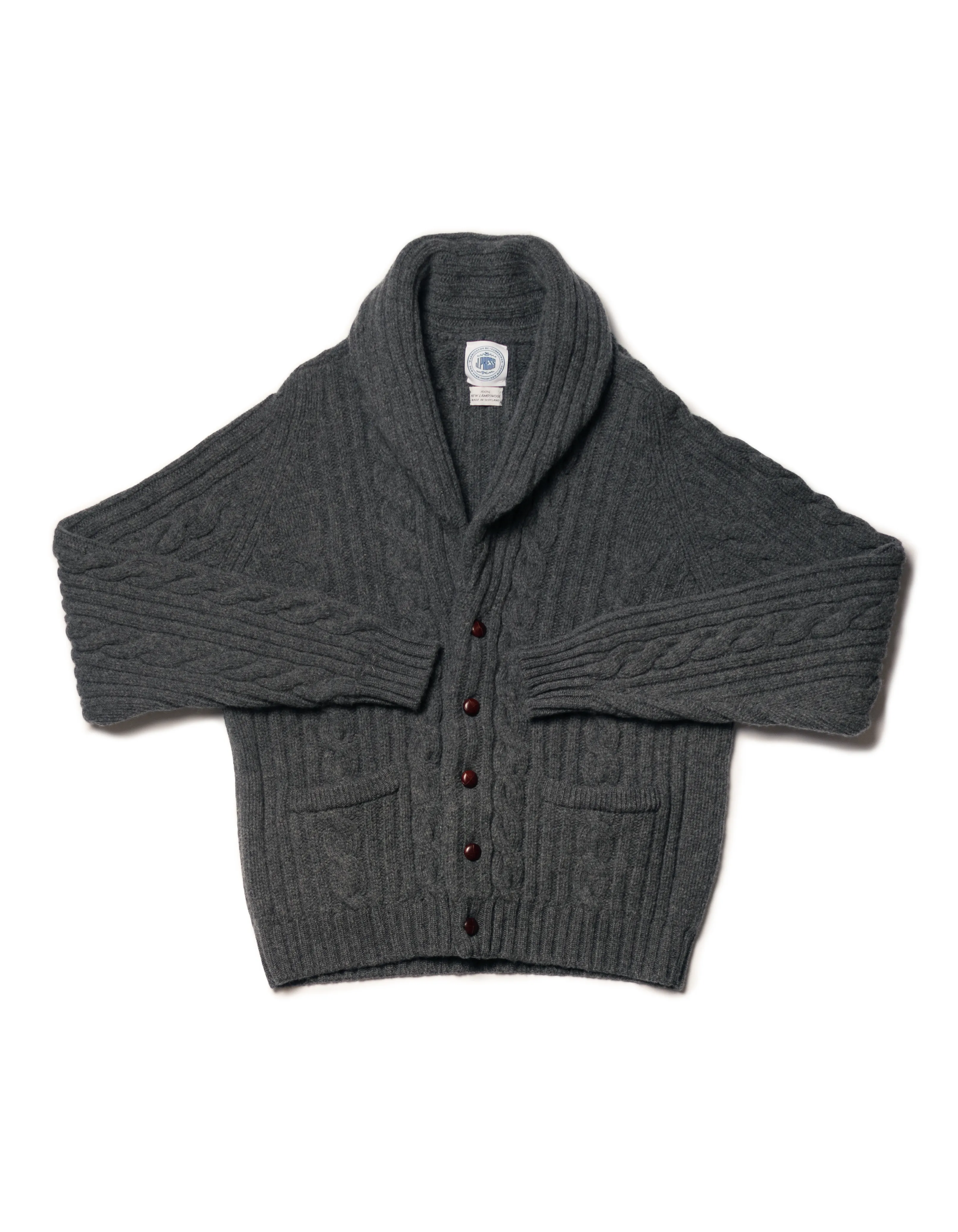 Made-in-Scotland Grey Shawl Collar Cable Knit Cardigan sold by J. Press