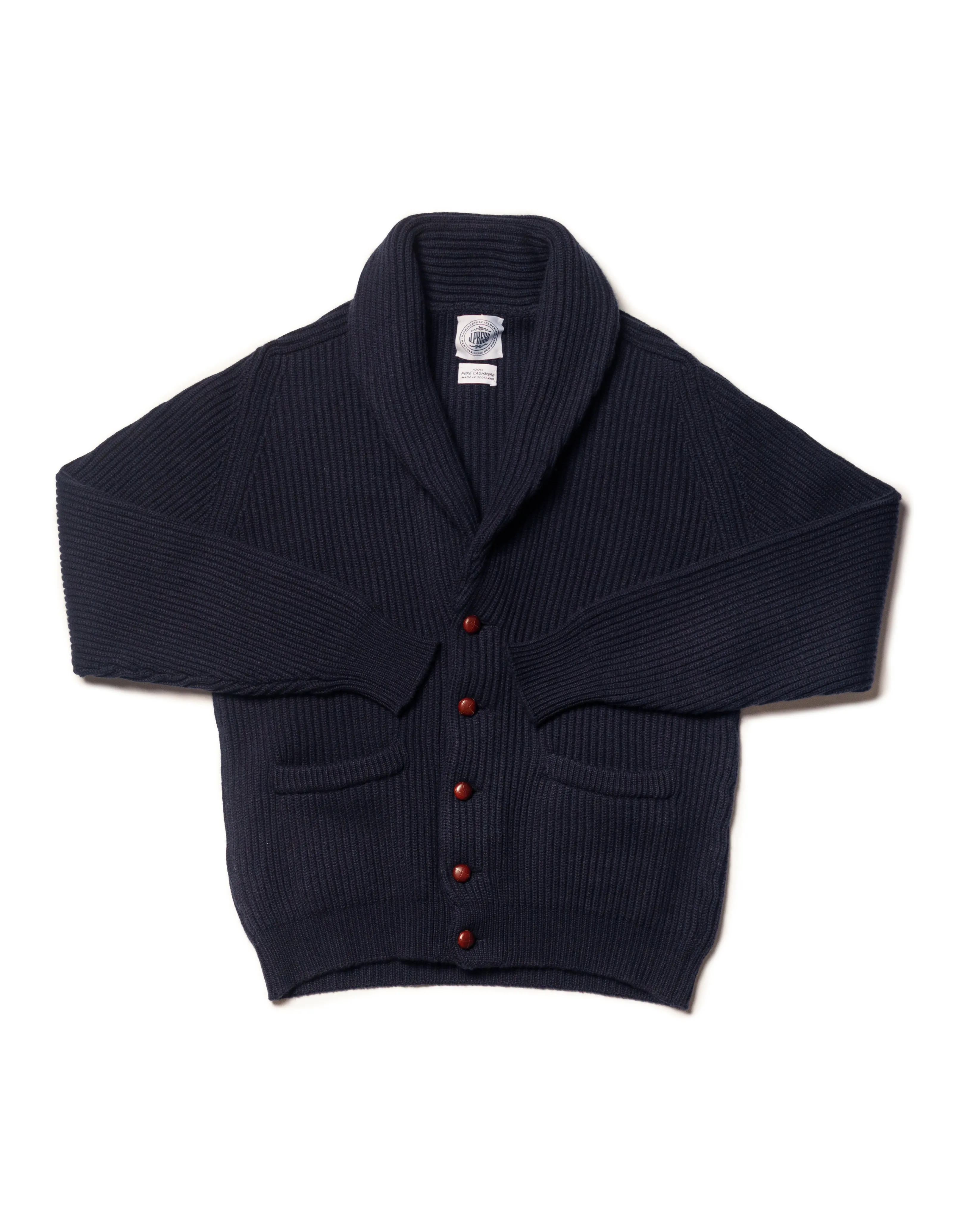 Made-in-Scotland Navy Cashmere Shawl Collar Cardigan sold by J. Press