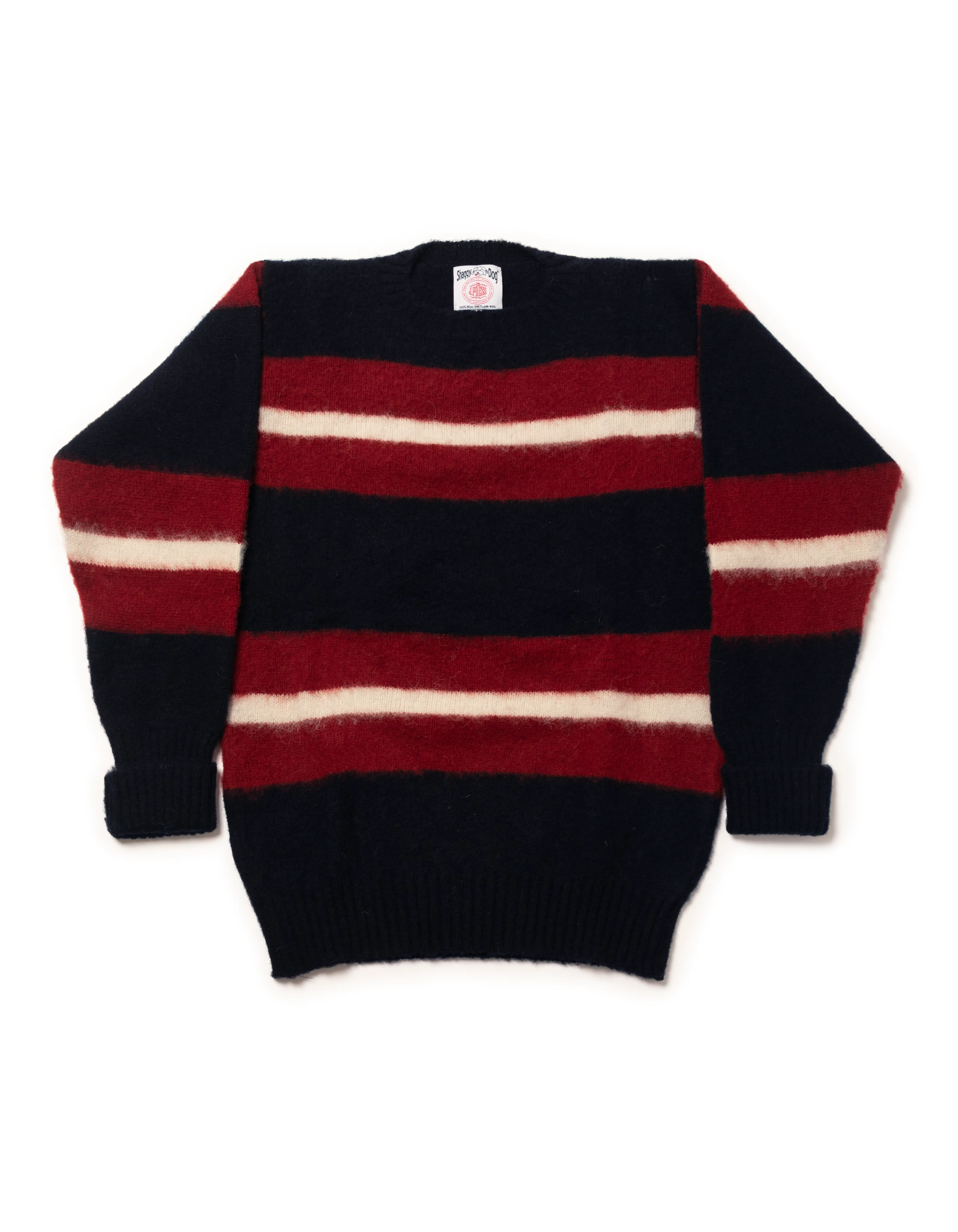 Made-in-Scotland Navy, Crimson & White Shaggy Dog Frame Stripe Sweater - Classic Fit sold by J. Press
