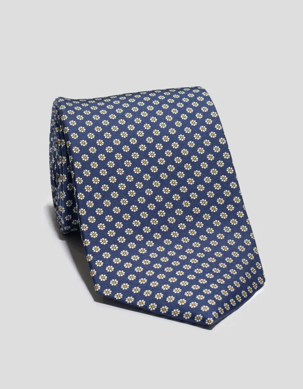 Made-in-England Navy Printed Foulard Silk Tie sold by J. Press