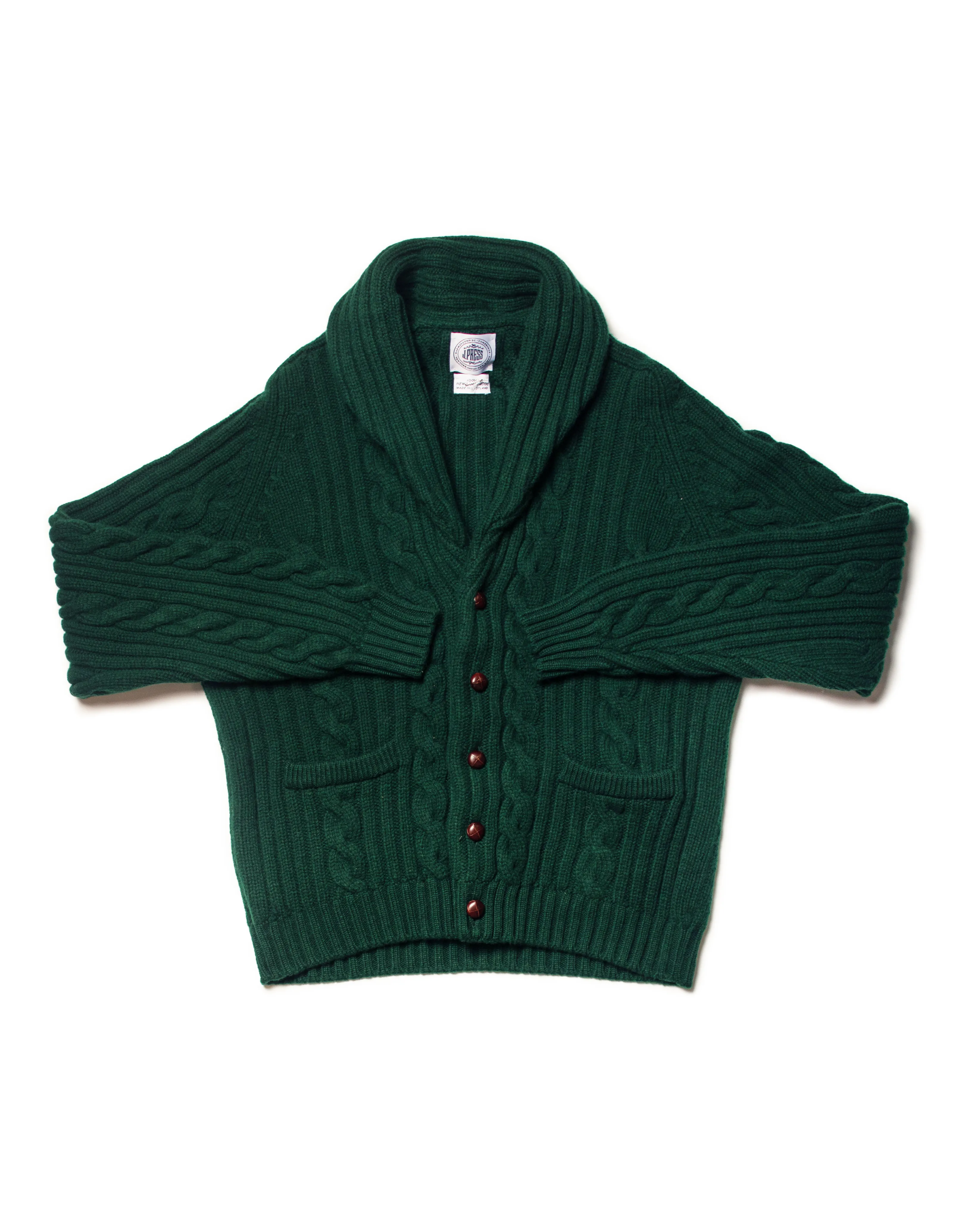 Made-in-Scotland Green Shawl Collar Cable Knit Cardigan sold by J. Press
