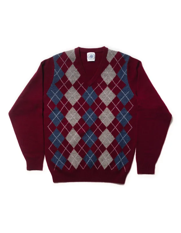 LAMBSWOOL ARGYLE V NECK SWEATER - BURGUNDY/BLUE sold by J. Press
